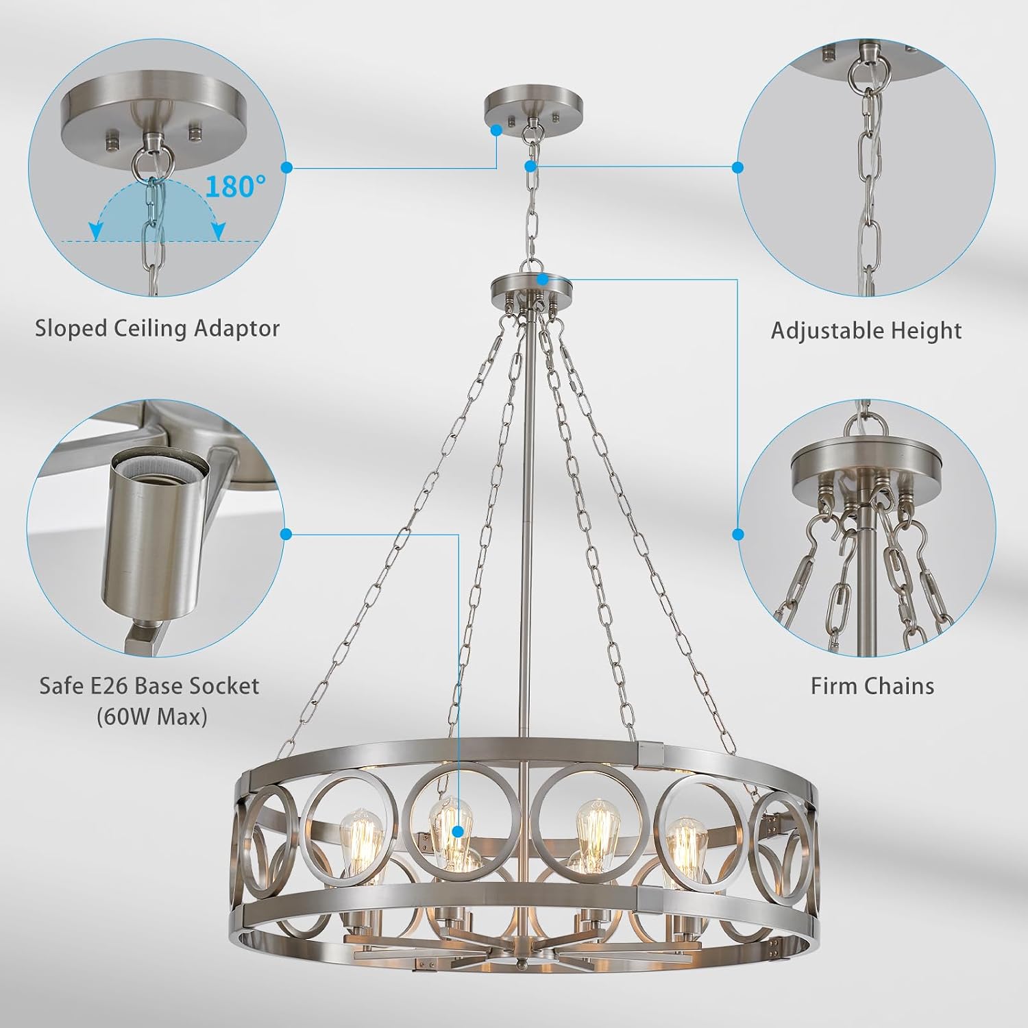 XINGQI 32.3' Large Brushed Nickel Drum Chandelier Modern 8-Light Rustic Farmhouse Round Pendant Lighting Fixture for Dining Room Living Room Office Kitchen Island