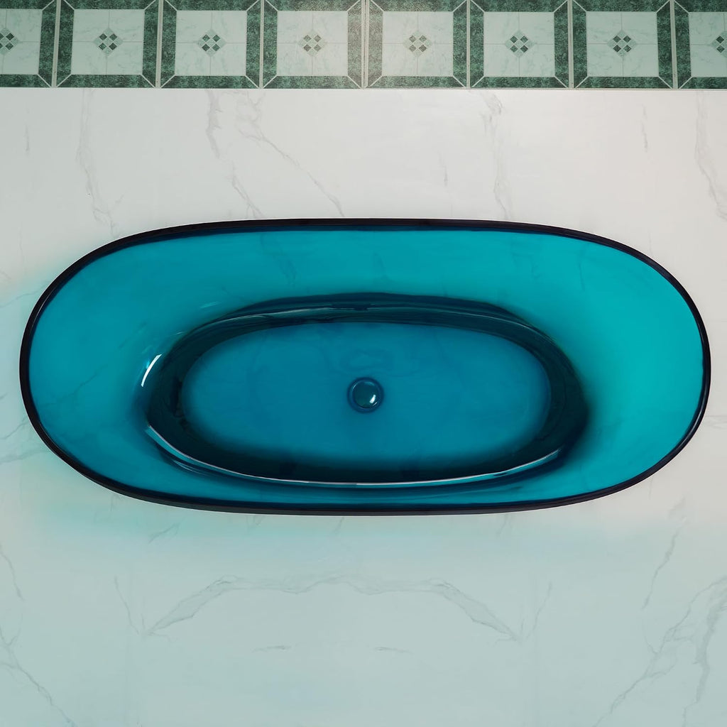 WOODBRIDGE 63' L x 28-3/8' W Transparent Blue Stone Resin Freestanding Soaking Tub with Double Ended Design