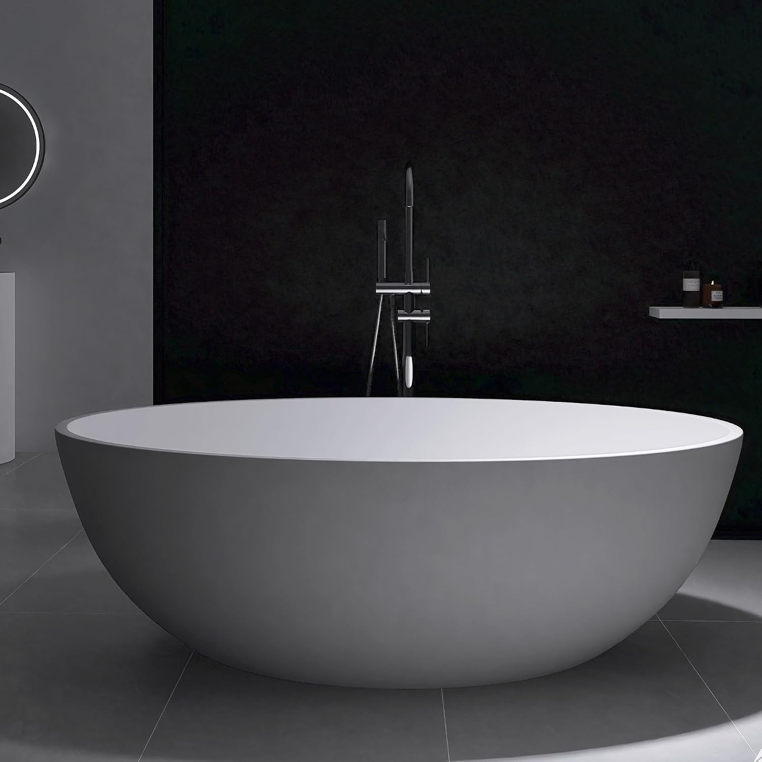 67' x 39' Freestanding Solid Surface Resin Stone Bathtub, Modern Design Stand Alone Tub with Pop Up Drain and Overflow, Matte White 301MW1700