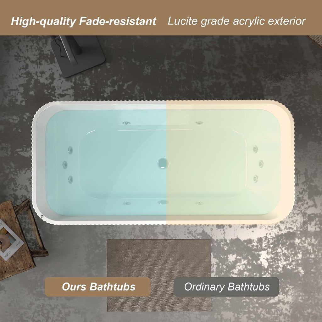 67-Inch Luxury Freestanding Rectangular Massage Bathtub with 10 Hydrotherapy Jets, Glossy White Acrylic, Chrome Pop-up Drain, cUPC Certified.