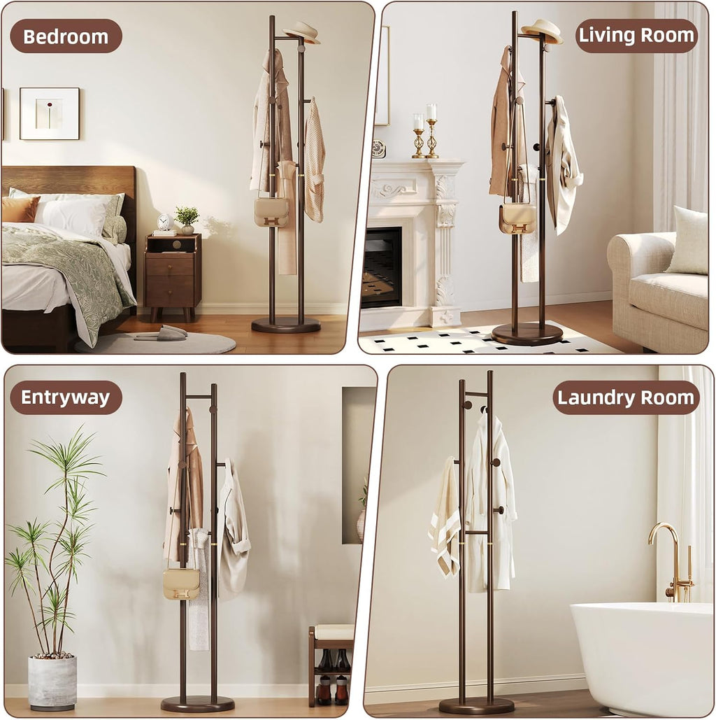CozyDH Coat Rack Wooden Freestanding - Wood Coat Rack Freestanding Heavy Duty, Wooden Coat Stand with 6 Hooks Creative Look for Entryway, Hallway, Bedroom (Dark Walnut)