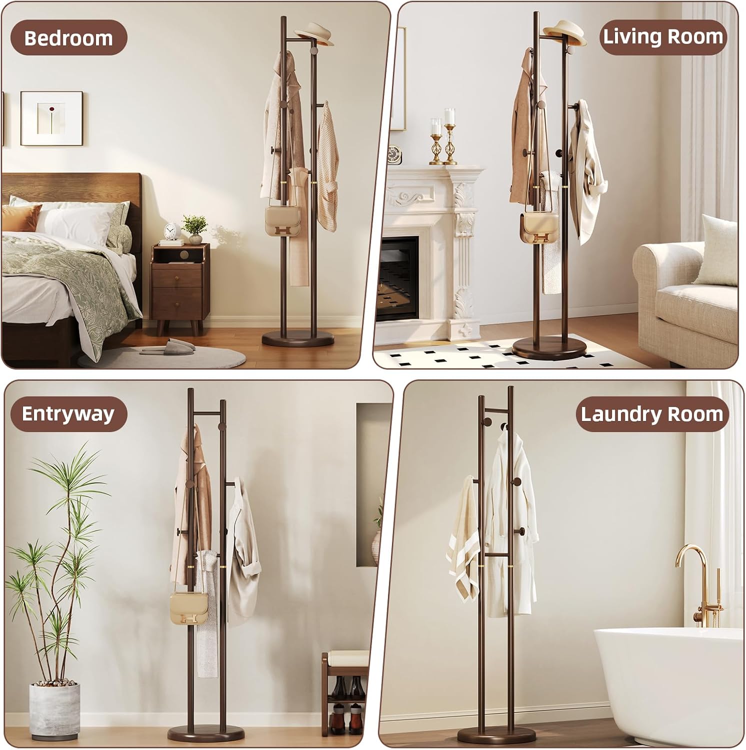 CozyDH Coat Rack Wooden Freestanding - Wood Coat Rack Freestanding Heavy Duty, Wooden Coat Stand with 6 Hooks Creative Look for Entryway, Hallway, Bedroom (Dark Walnut)