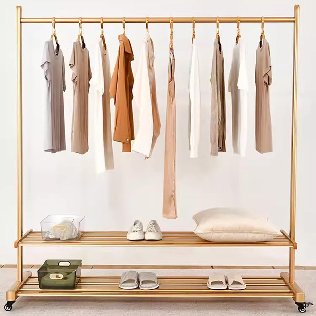 Heavy duty Garment rack Heavy Duty Clothes Rail On Wheels, Rolling Clothing Rack For Hanging Clothes, Portable Clothes Organizer With 2 Shelves, Coat Rack For Bedroom, Drying Rack (Gold 150X45X156CM)