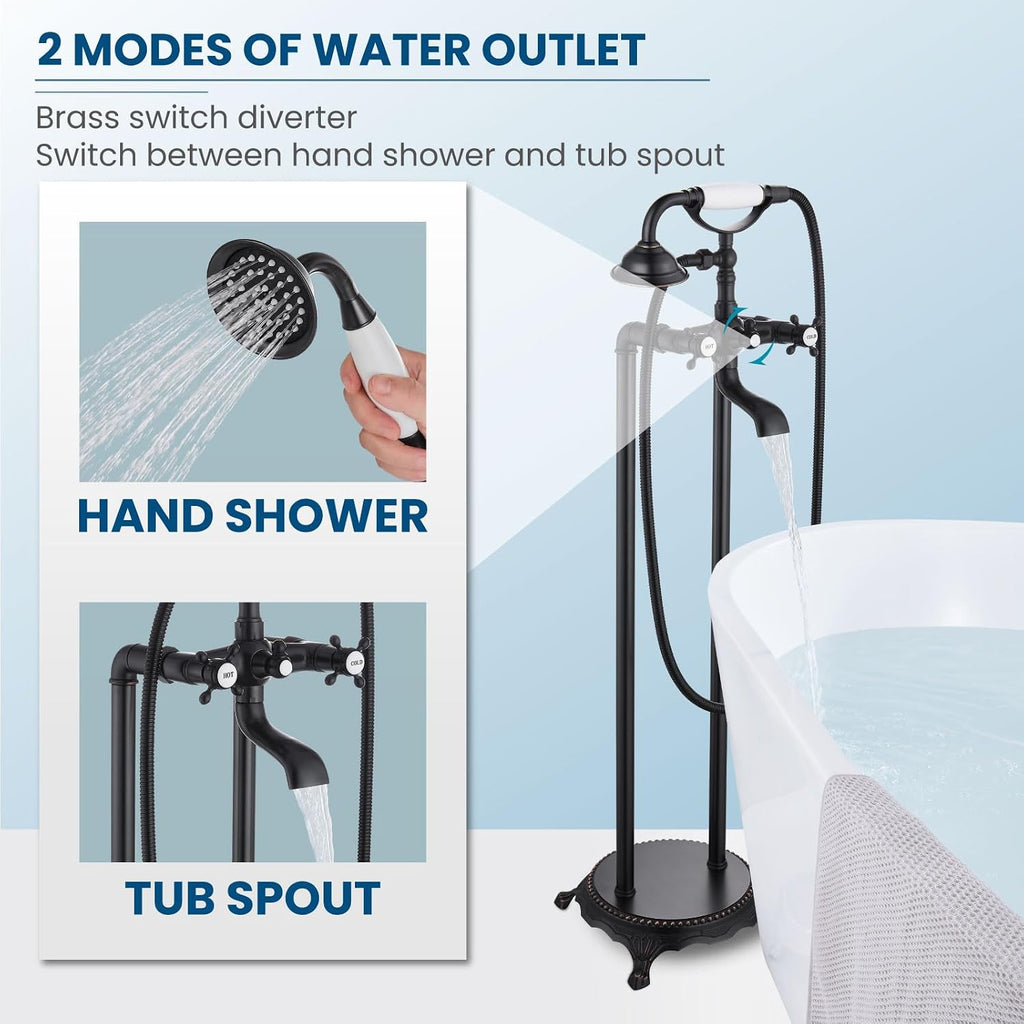 gotonovo Freestanding Bathtub Faucet Floor Mount Tub Filler with Double Cross Knobs 360° Rotation Spout High Flow Floor Standing Bathtub Shower Trumpet Shape Handheld Spray Oil Rubbed Bronze