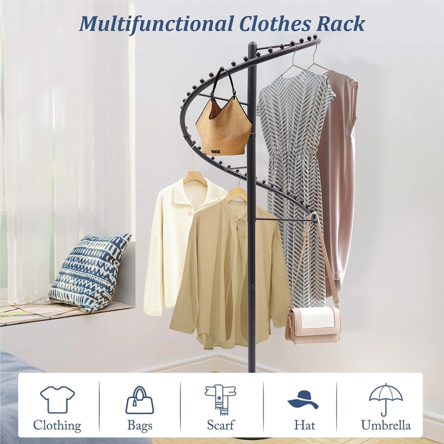 Spiral Clothing Rack 360° Rotating, Heavy-Duty Retail Garment Rack with Wide Base, Freestanding Clothes Organizer Hanger, for Bedroom, Living Room(White)