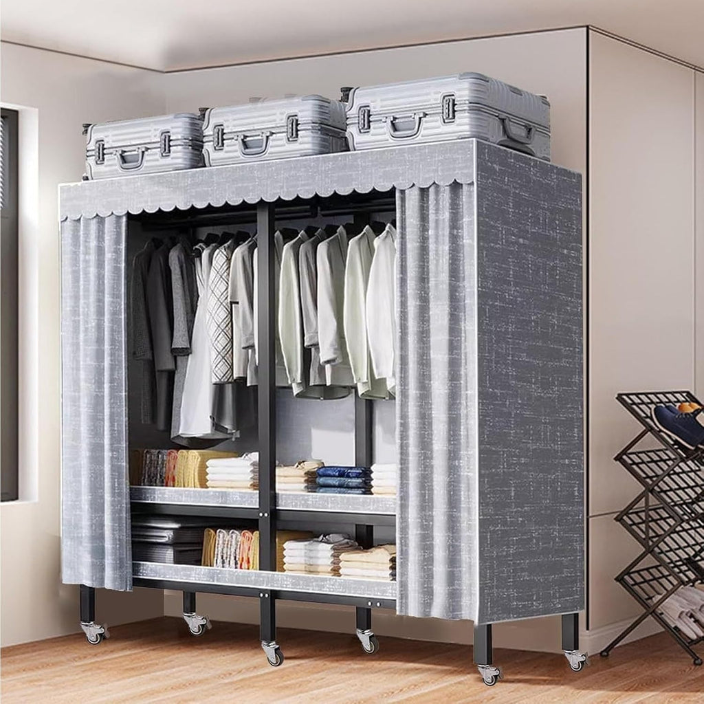 Metal Mobile Clothes Drying Rack - Fabric Wardrobe Closet, With Cover And Wheels Collapsible Clothes Rack, Heavy Duty Portable Wardrobe Closet, For Hanging Clothes Coat Storage Organizer(203*52*180cm)