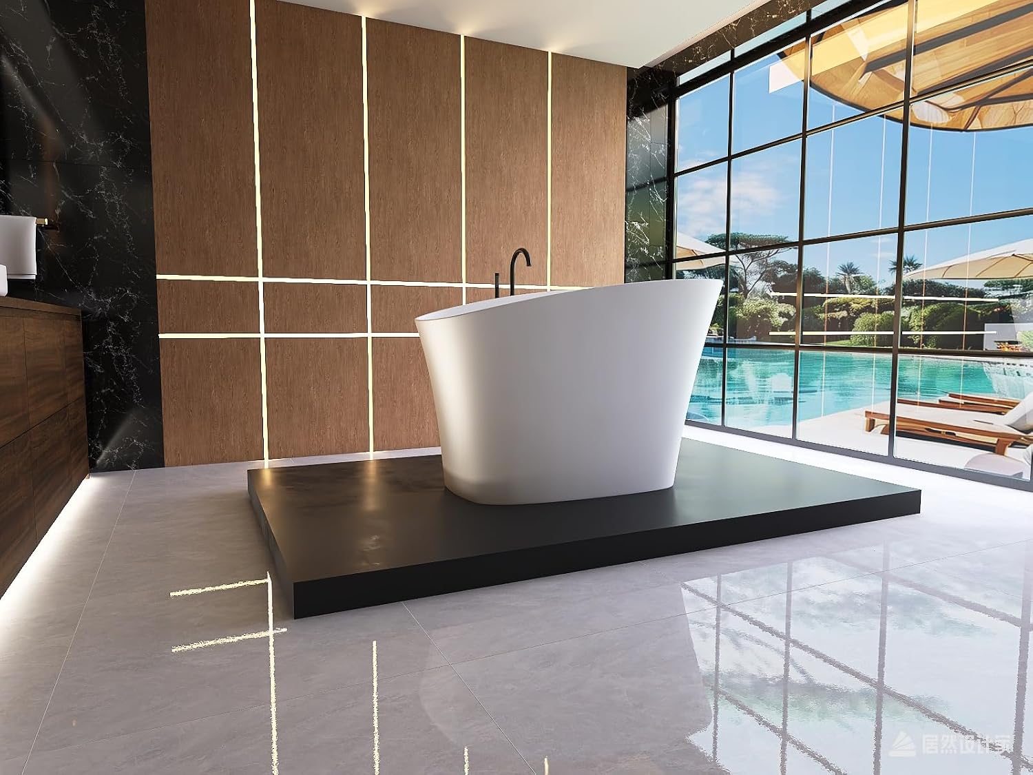 51' Japanese Soaking Bathtub with Seat, Solid Surface Matte White | Freestanding Deep Soaking Tub, Pop-Up Drain and Overflow, Resin Stone Stand Alone for Samll Bathroom