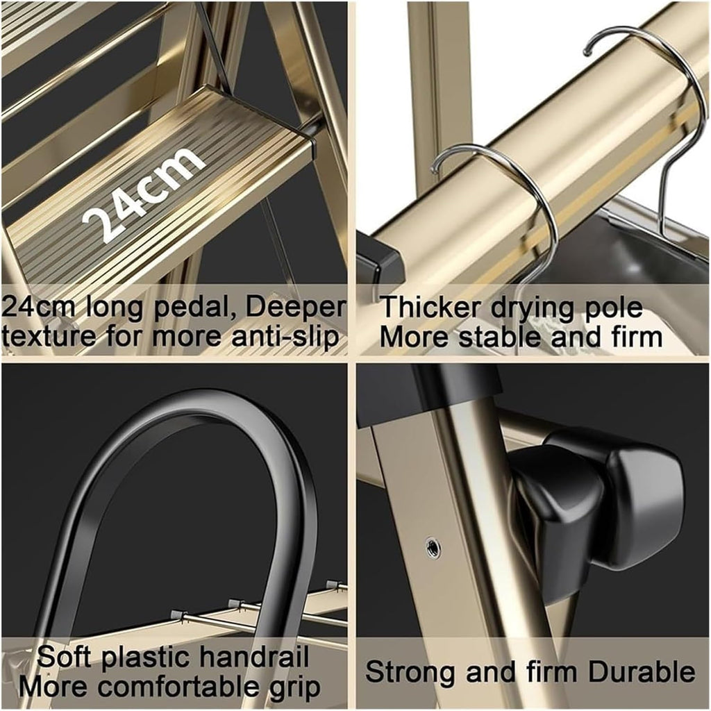 Foldable Drying Racks Garment Racks Free Standing Clothes Rack with Ladder Stretchable Metal Clothing Rack with Double Rod and Tool Tray for Dorm Bedroom Home Balcony(Gold)