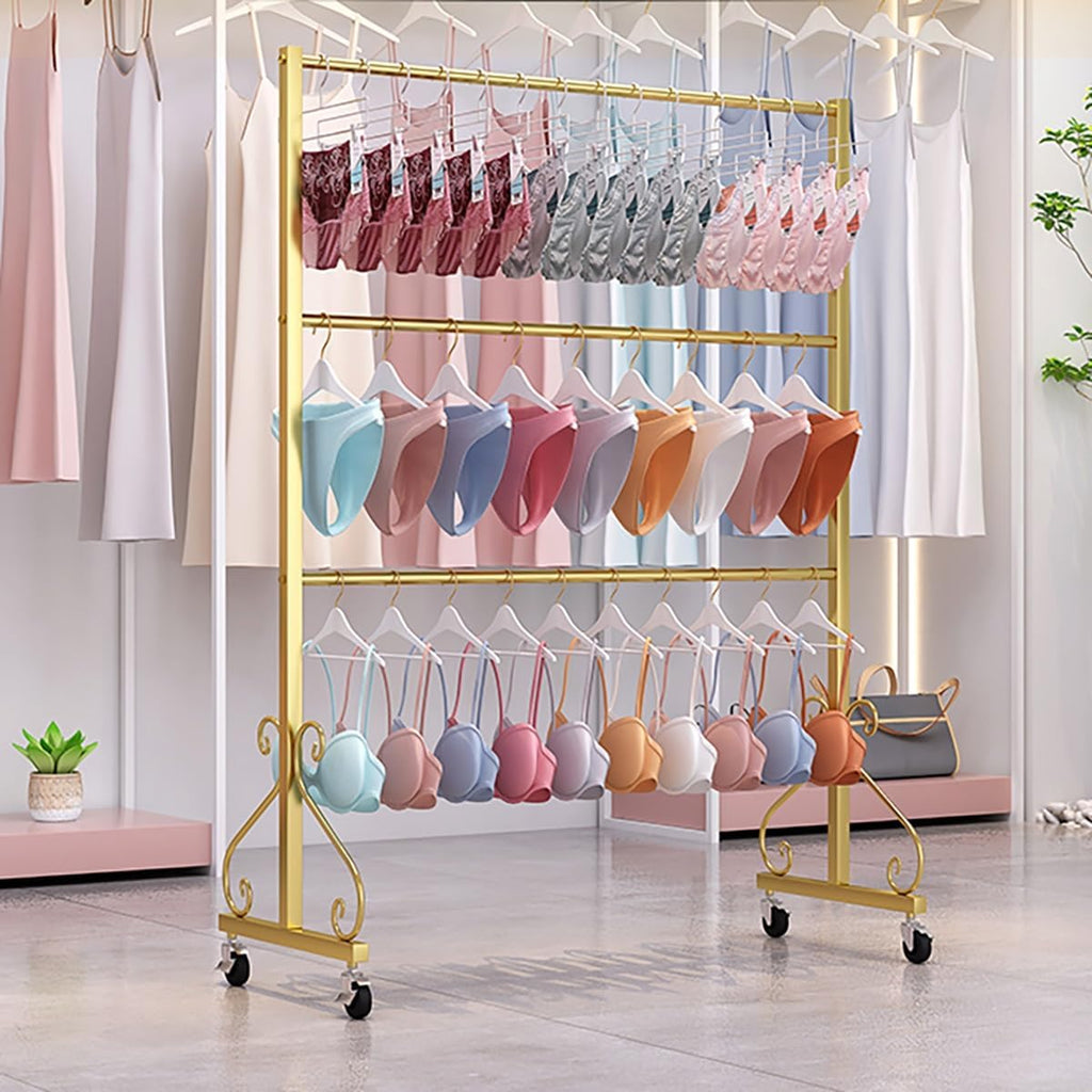 3-Tier Underwear Display Stands,Coat Rack Stand,Freestanding Clothing Store Boutiques Retail Lingerie Garment Rack,metal sock display stand with Wheel,Swimsuit Beachwear Hanger(Silver,120cm/47.2in)