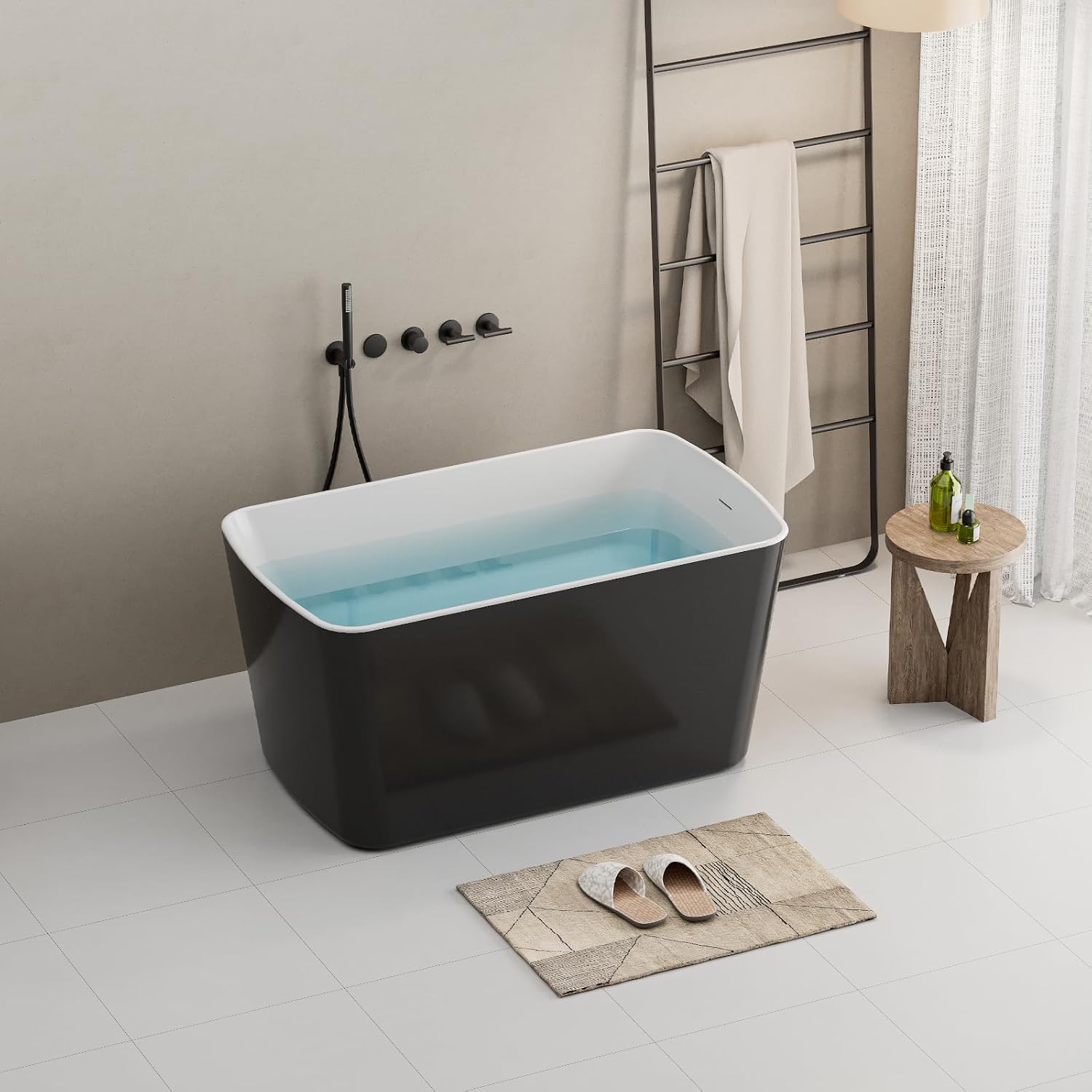 49' Acrylic Freestanding Bathtubs, Square Shaped Japanese Soaking Tub with, Stand Alone Tubs W/Pop-UP Chrome Drain, Slotted Overflow, cUPC Certified, Glossy Black(Without Seat))