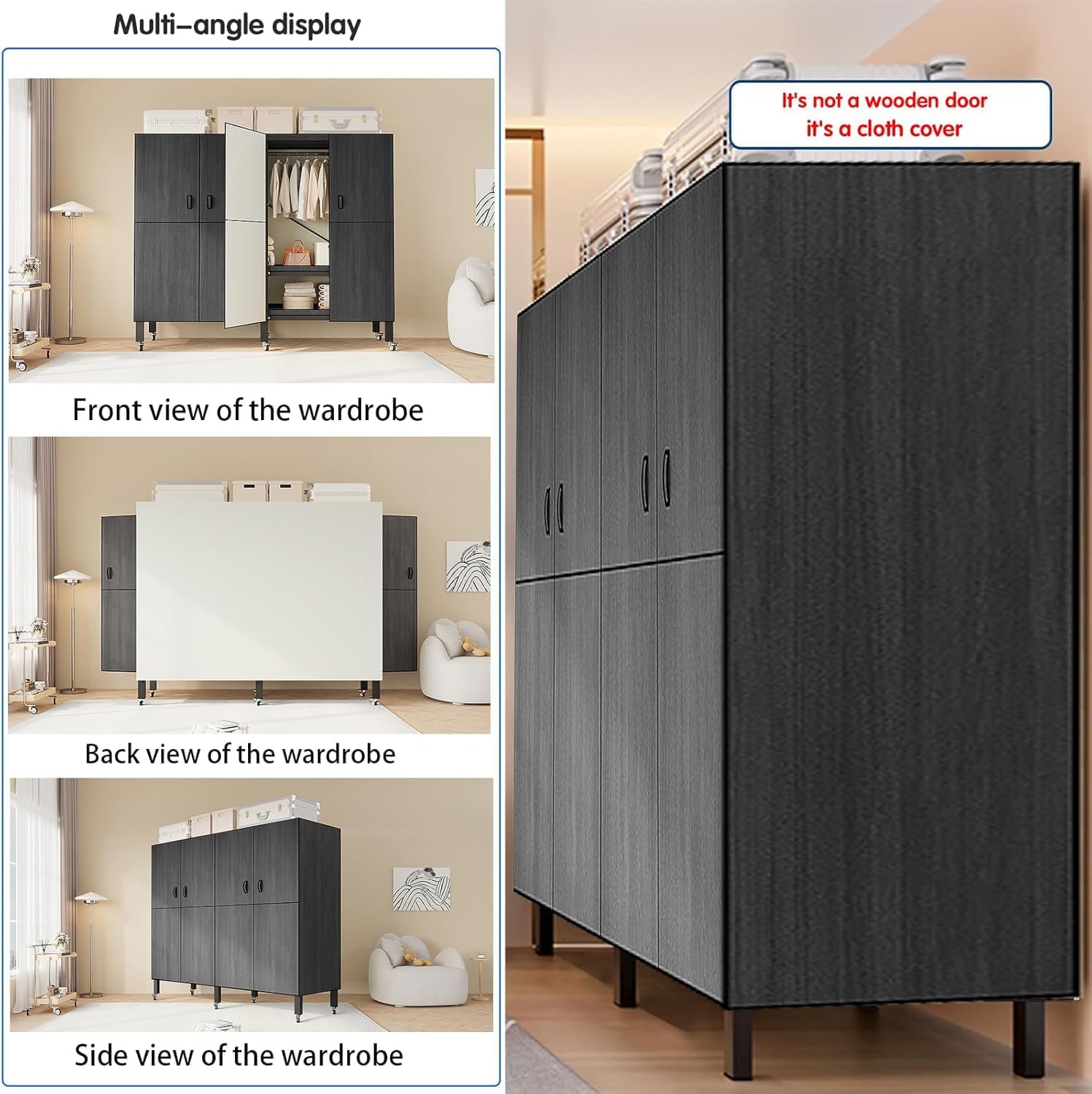Heavy Duty Covered Clothes Rack with Magnetic Door Foldable Portable Wardrobe Closet for Hanging Clothing Rolling Black Metal Garment Rack on Wheels Closet System (Black, 70.89in)