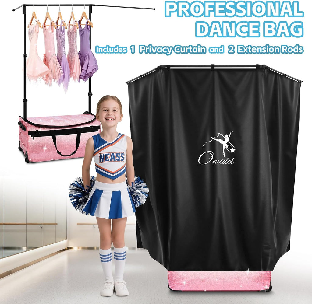 Dance Bag with Garment Rack and Curtain | 23' Sparkling Dance Competition Duffle Bag with Rack & Wheels | Upgraded Stable System | Ideal Rolling Dance Suitcase for Dancer Cheerleader Gymnast Traveler