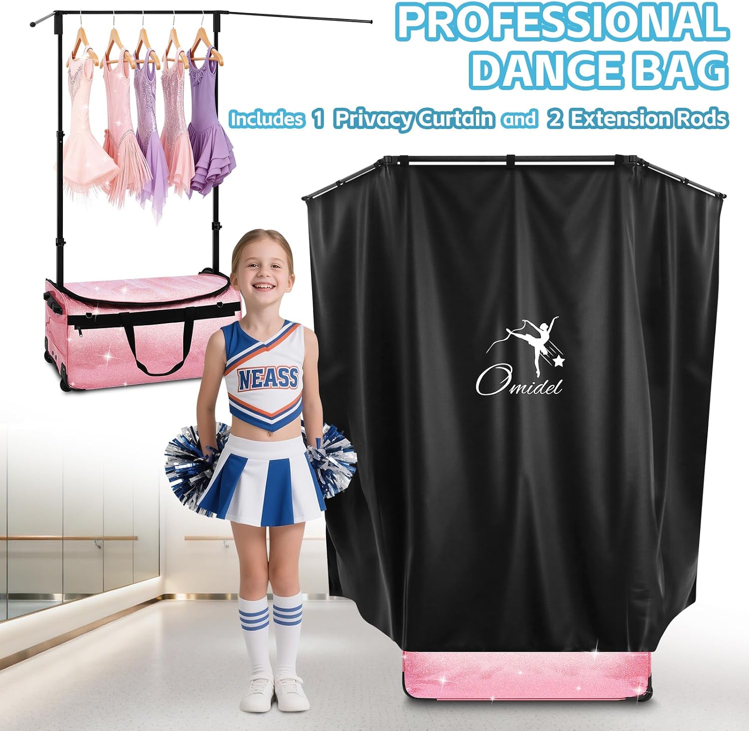 Dance Bag with Garment Rack and Curtain | 23' Sparkling Dance Competition Duffle Bag with Rack & Wheels | Upgraded Stable System | Ideal Rolling Dance Suitcase for Dancer Cheerleader Gymnast Traveler