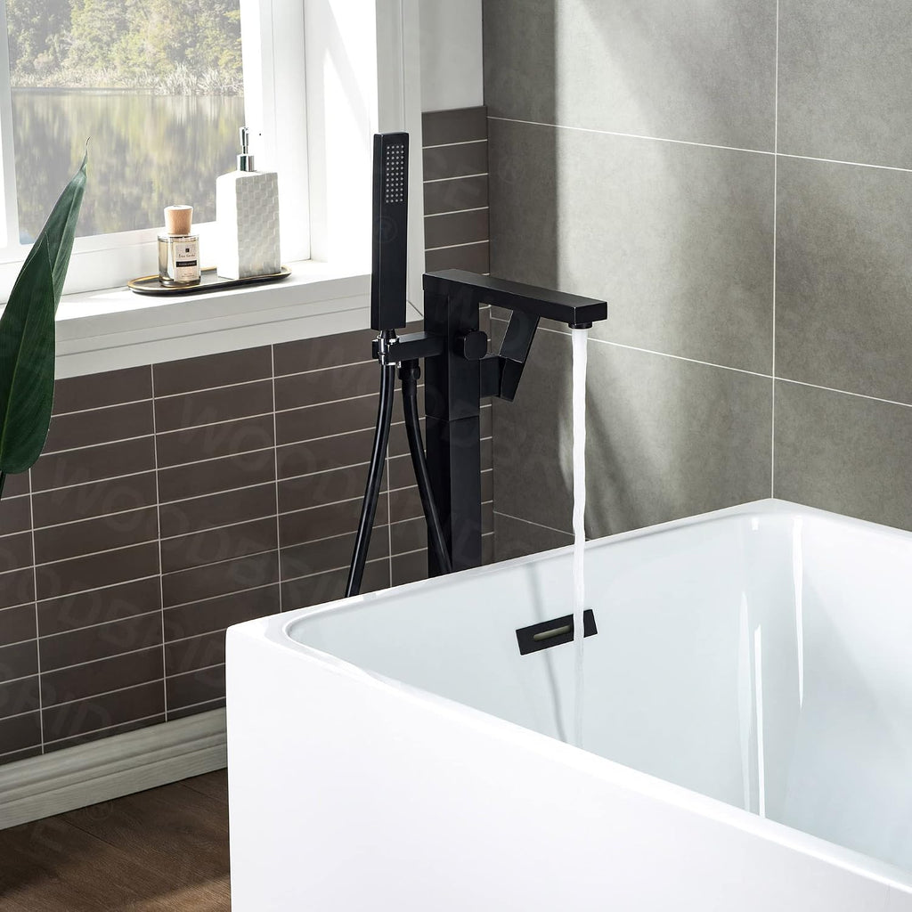 WOODBRIDGE F0009BL Contemporary Single Handle Floor Mount Freestanding Tub Filler Faucet with Hand shower in Matte Black Finish