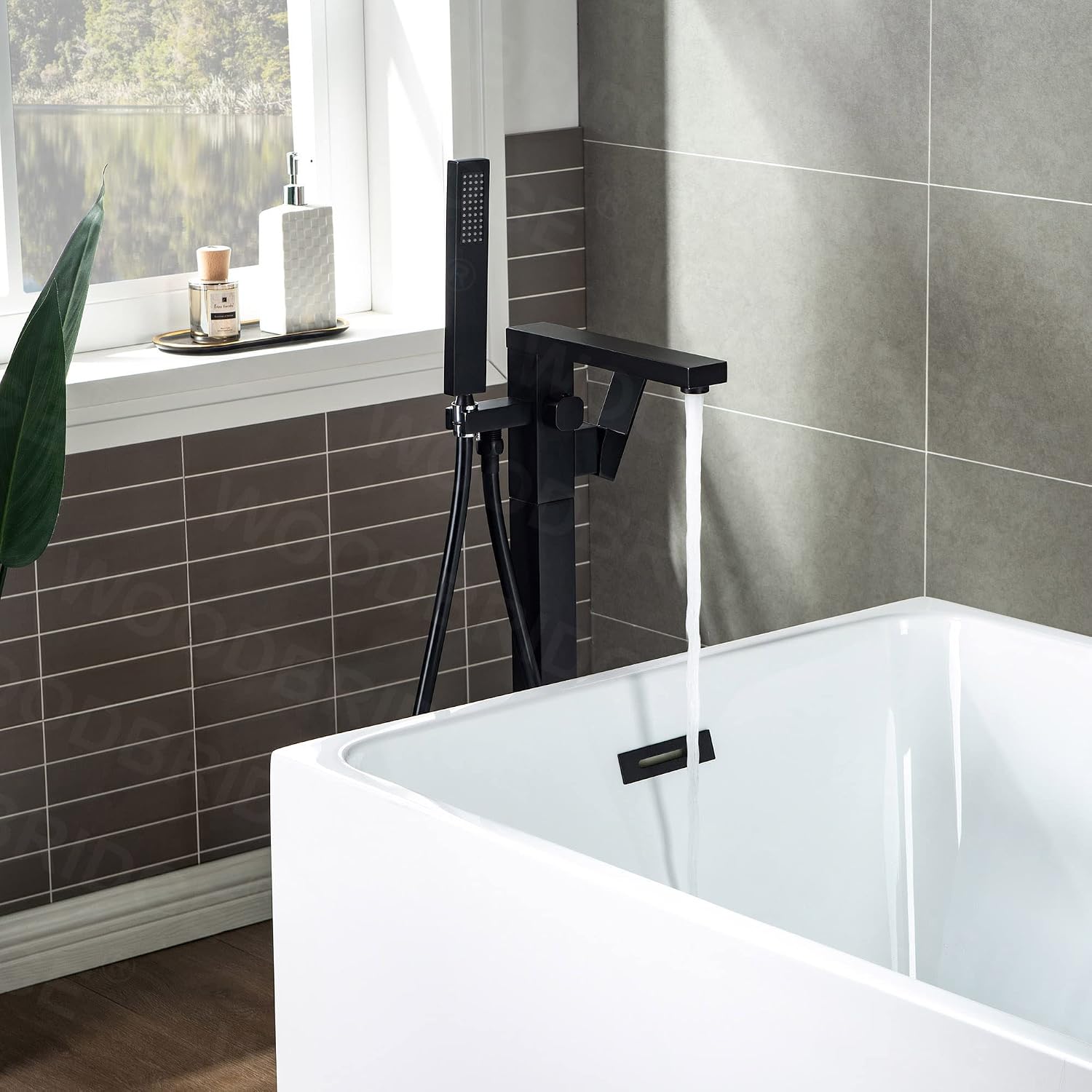 WOODBRIDGE F0009BL Contemporary Single Handle Floor Mount Freestanding Tub Filler Faucet with Hand shower in Matte Black Finish