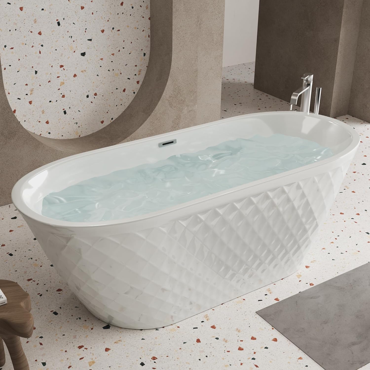 KEIKI 59' Acrylic Freestanding Bathtub with Diamond Pattern, Oval Soaking Tub for Bathroom, Luxury Modern Design, Durable & Easy Installation, Glossy White
