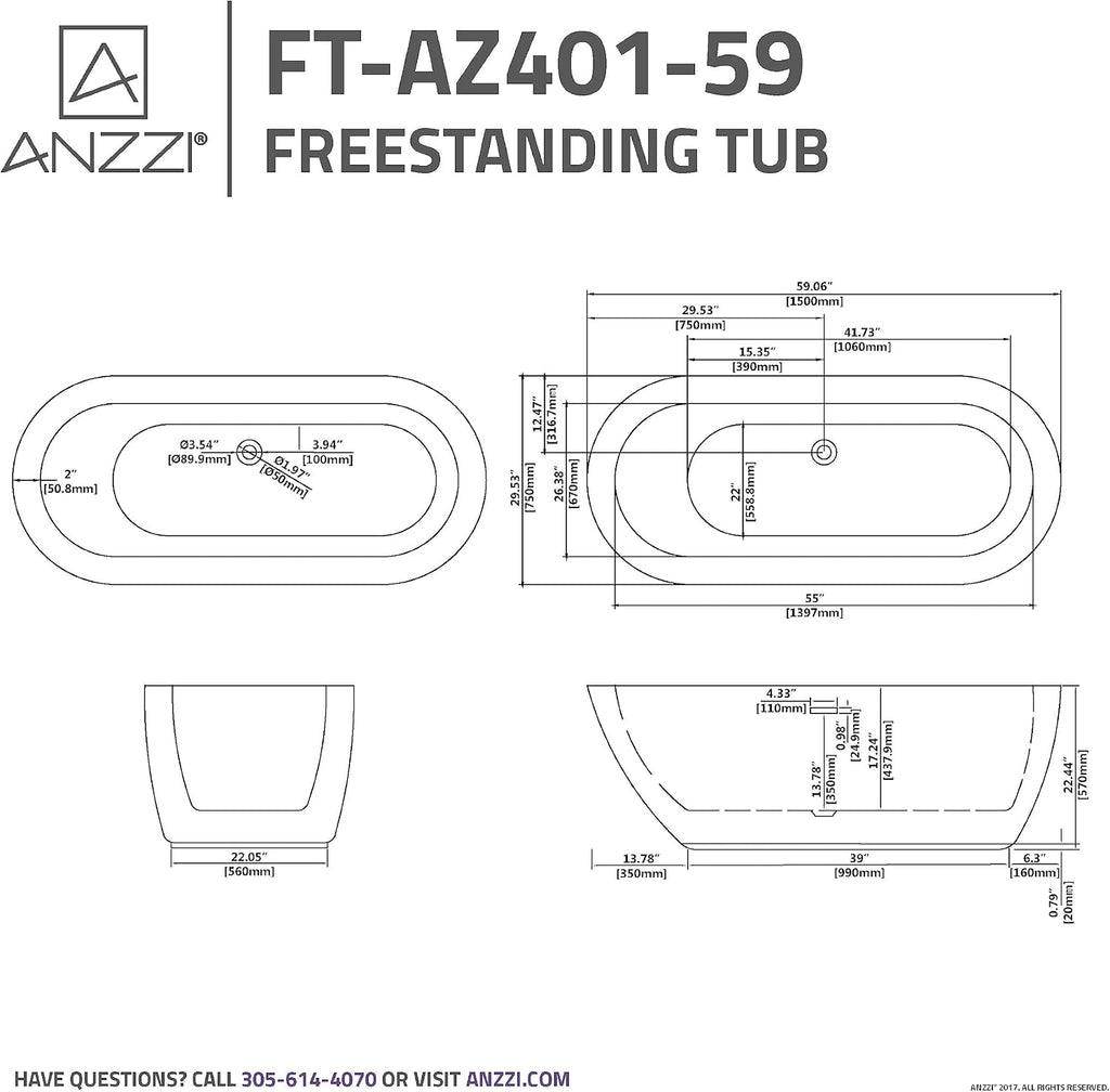 ANZZI Freestanding Bathtub Acrylic 59 In Flat Bottom Soaking Tub Glossy White One Piece Center Drain Overflow Included Slip Resistant Floor Adjustable Feet 79 Gal Capacity Ami Series | FT-AZ401-59