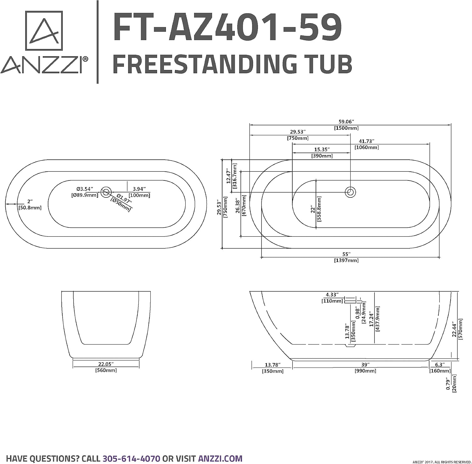 ANZZI Freestanding Bathtub Acrylic 59 In Flat Bottom Soaking Tub Glossy White One Piece Center Drain Overflow Included Slip Resistant Floor Adjustable Feet 79 Gal Capacity Ami Series | FT-AZ401-59