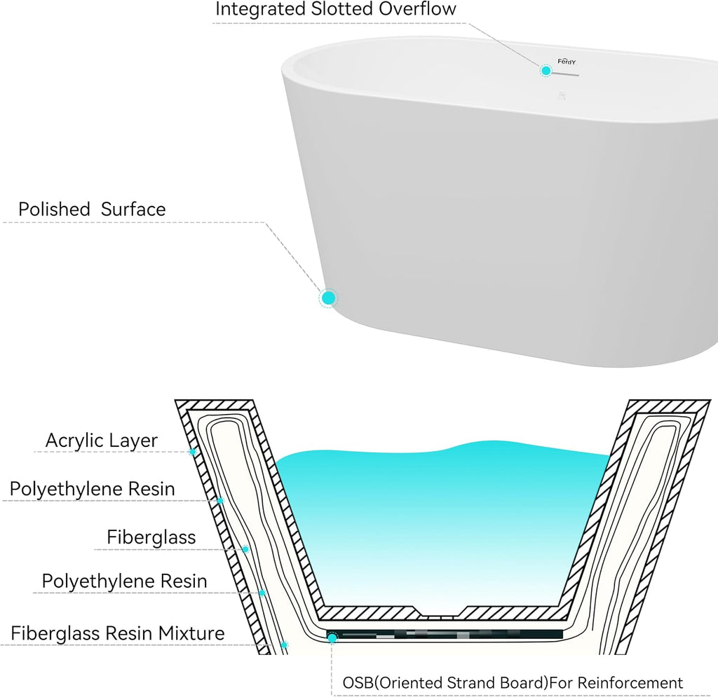 FerdY Shangri-La 47' Acrylic Freestanding Bathtub, Small Classic Oval Shape Acrylic Soaking Bathtub with Brushed Nickel Drain &FerdY Back Scrubber for Shower,Long Handled Loofah on a Stick