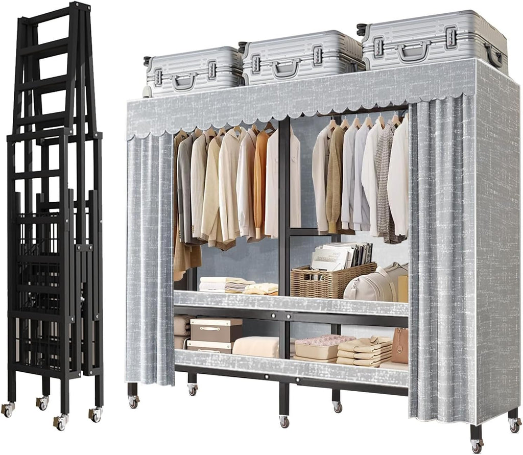 Wardrobe Storage Closet - Heavy Duty Rolling Garment Rack With Cover, Foldable Clothing Rack For Hanging Clothes, Portable Freestanding Closets Wardrobe , Metal Armoires, Max 2000lbs ( Size : 203*52*1