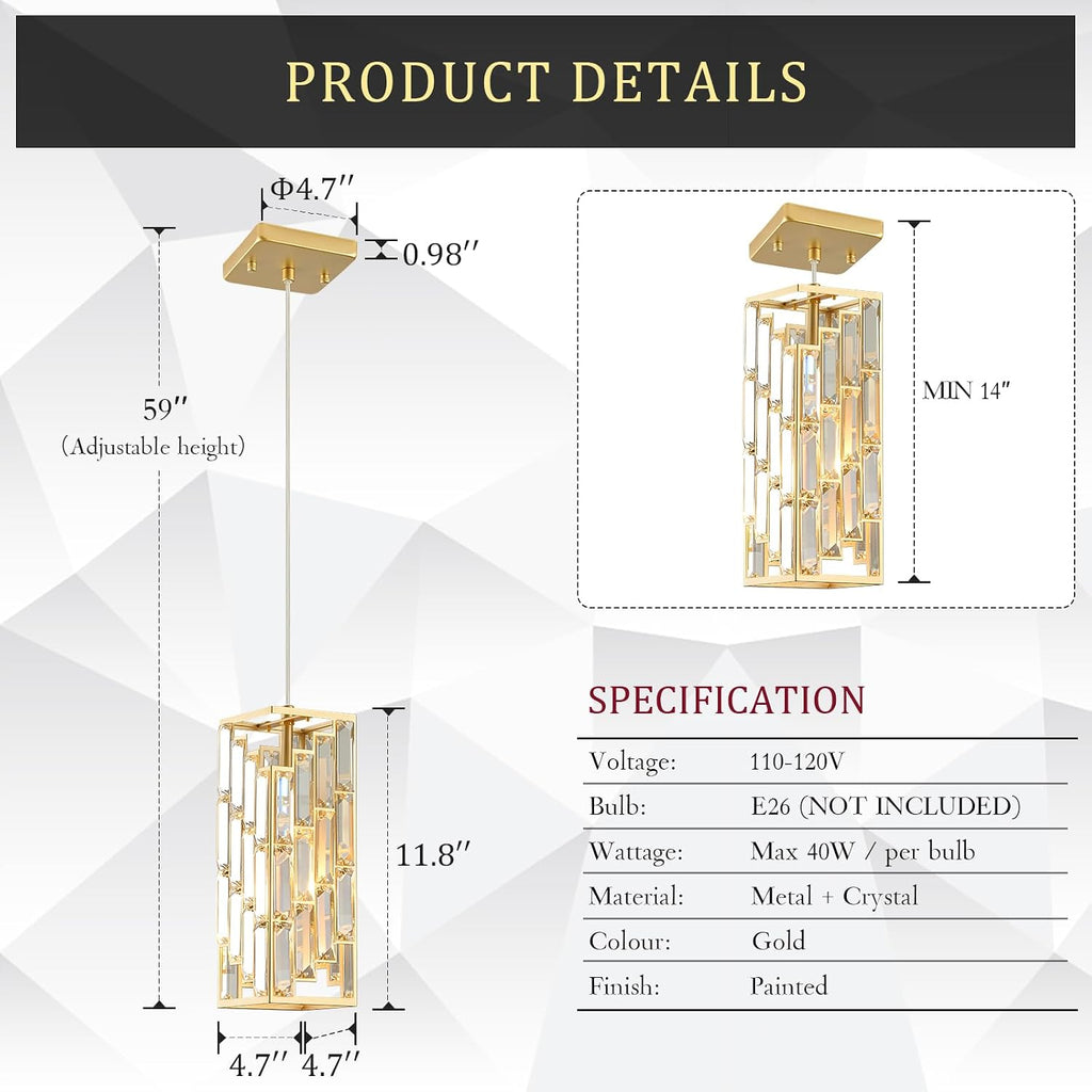 CATINER Gold Crystal Pendant Light 3 Pack, Mini Hanging Pendant Lighting Fixture with Adjustable Cord, Modern Gold Kitchen Island Pendant Lights for Dining Room, Bedroom, Hallway, E26 Base