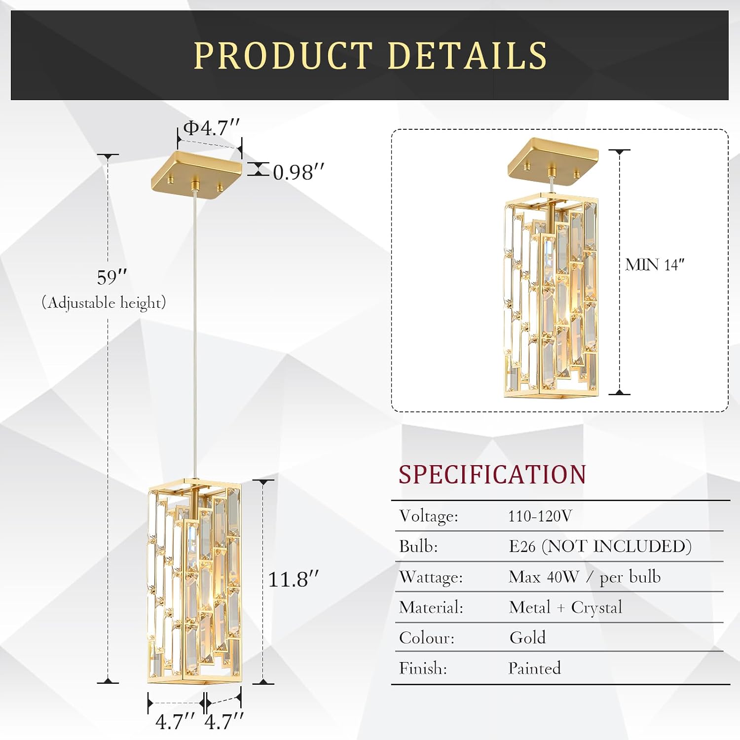CATINER Gold Crystal Pendant Light 3 Pack, Mini Hanging Pendant Lighting Fixture with Adjustable Cord, Modern Gold Kitchen Island Pendant Lights for Dining Room, Bedroom, Hallway, E26 Base