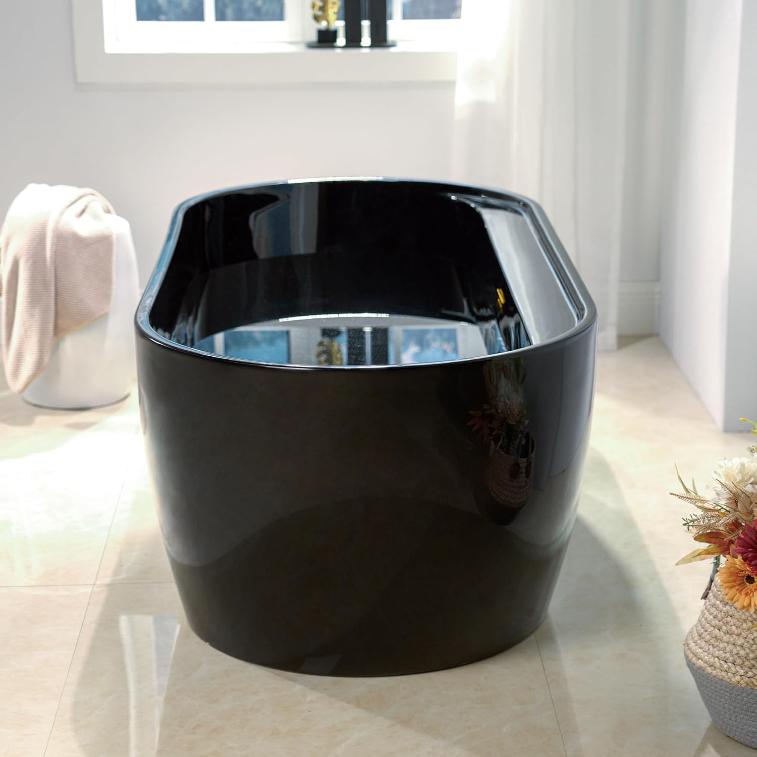 WOODBRIDGE 59' L x 31-1/2' W Freestanding Contemporary Acrylic Soaking Bathtub in Glossy Black Inside and Outside with Brushed Gold Drain & Overflow,B8864-BG