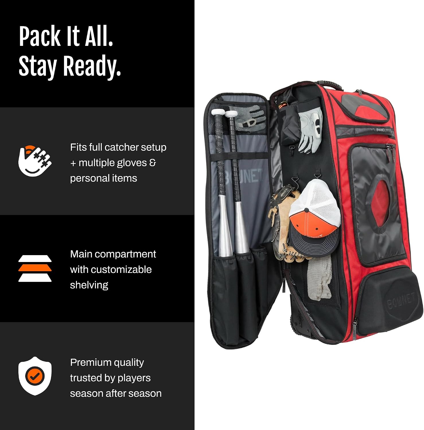 Bownet Commander Rolling Catcher's Gear Bag with Wheels – Baseball & Softball Equipment Bag for Travel Ball, Youth & Adult, 14 Pockets, Molded Helmet Case, Airline Approved