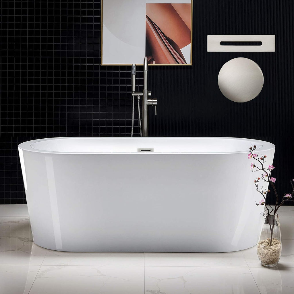 WOODBRIDGE 59' Acrylic Freestanding Bathtub Contemporary Soaking White Tub with Brushed Nickel Overflow and Drain，B0012 -B/N-Drain &O