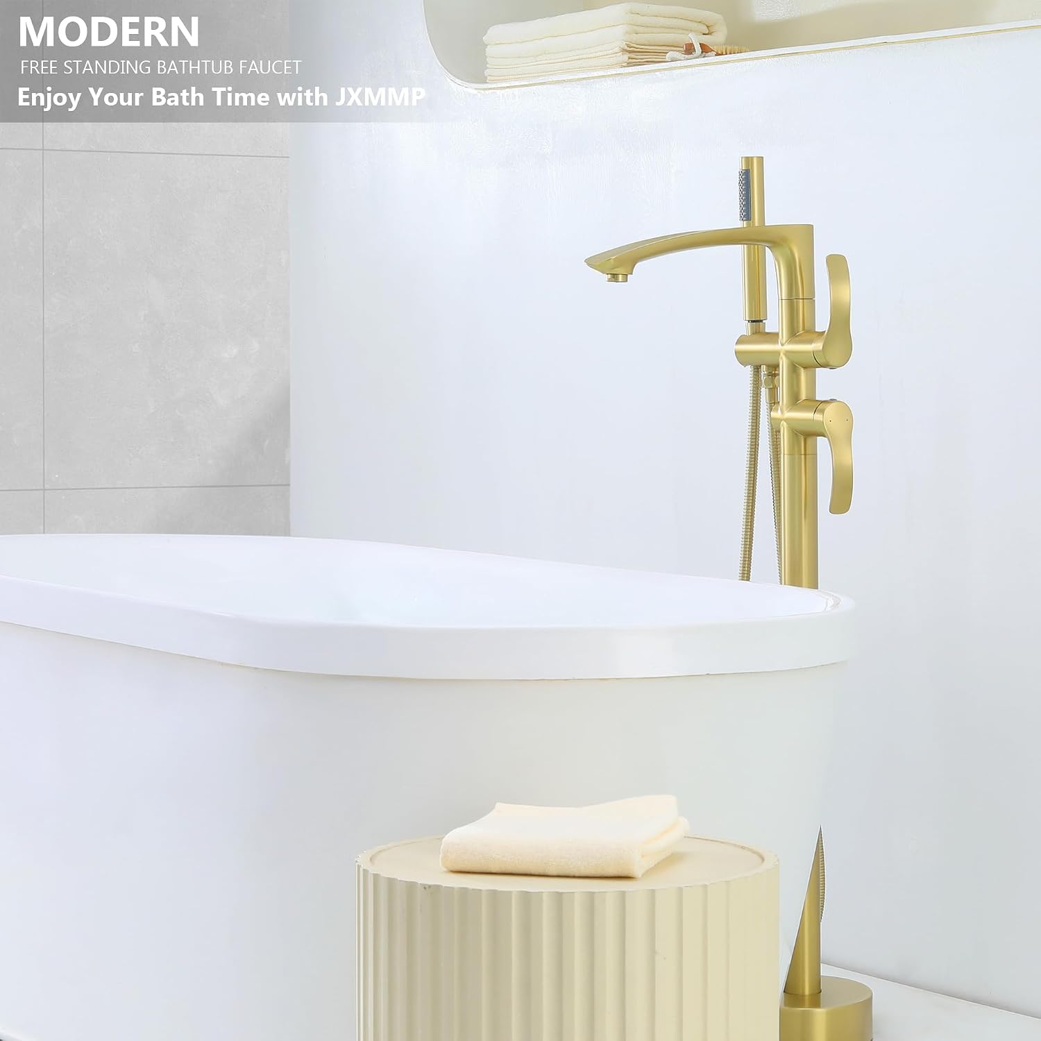Free Standing Tub Faucet, Brushed Gold Floor Mount Bathtub Faucet with 360 Swivel Spout and Hand Shower, High Flow Stainless Steel Freestanding Tub Filler JXM-F001BG