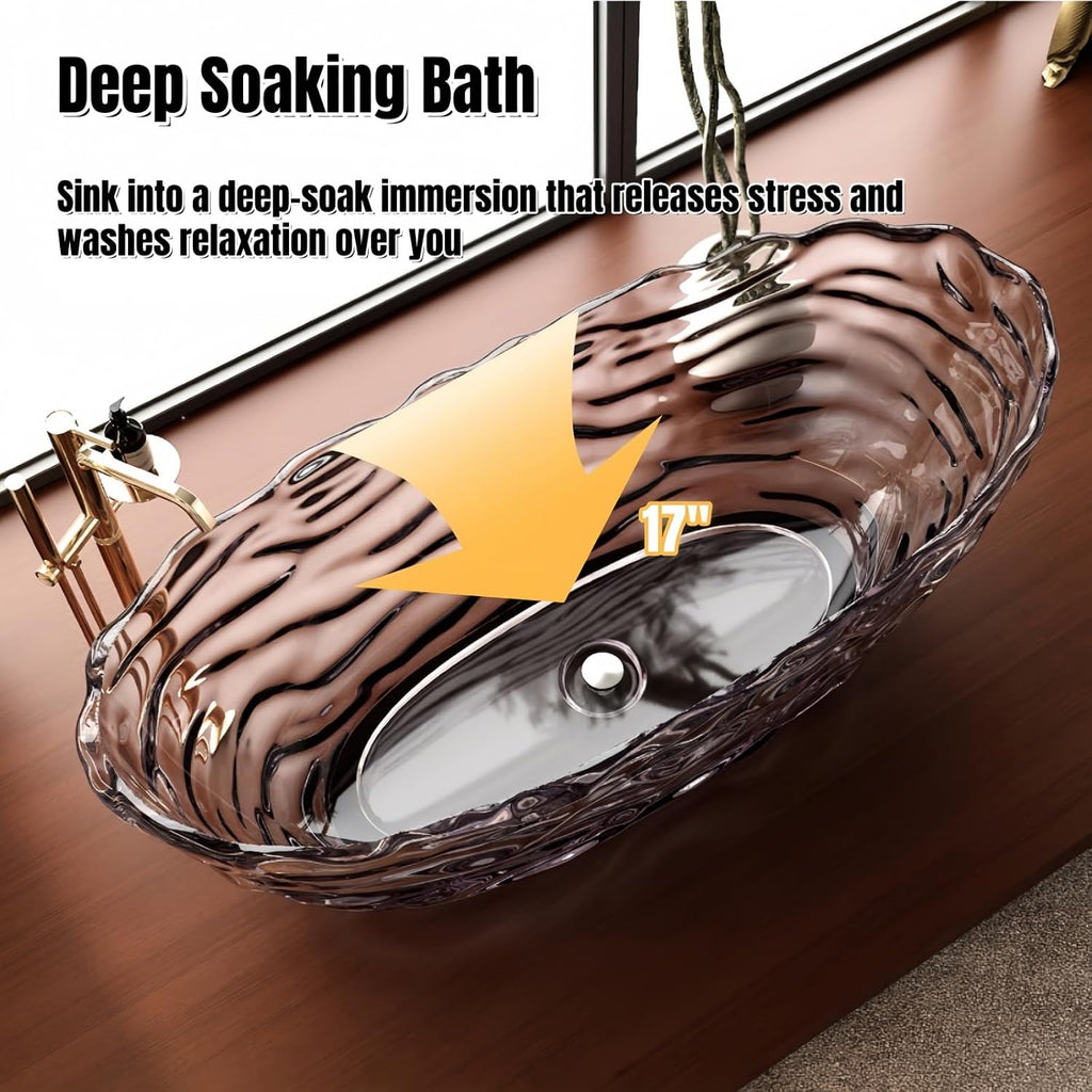 68' Edeyeu Freestanding Bathtub - Extra Deep Soaking Tub with Crystal Resin Design, Free Standing Bathtub Solid Surface, Durable Soaker Tub Easy to Clean with Drain Transparent