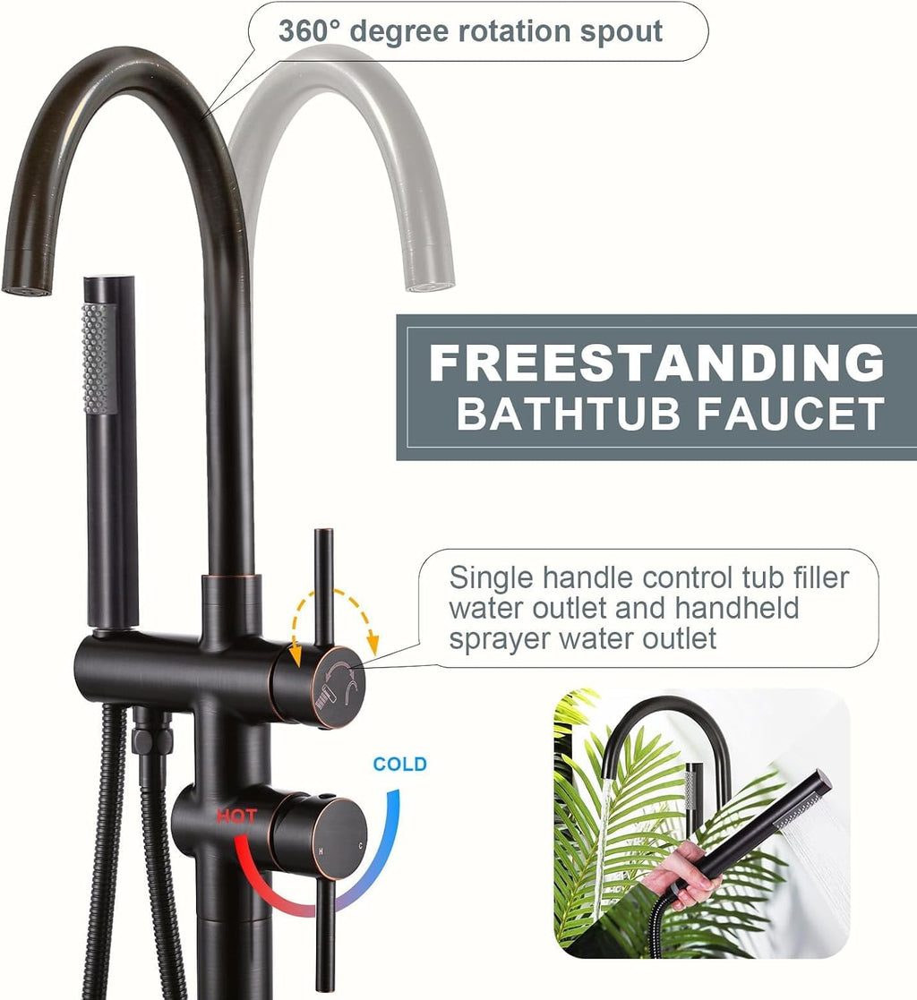 Freestanding Tub Filler Faucet, Floor Mount Oil Rubbed Bronze Bathtub Faucet with Single Handheld Shower, Brass Shower Tub Faucet Set Complete, Bathtub Faucet with Shower