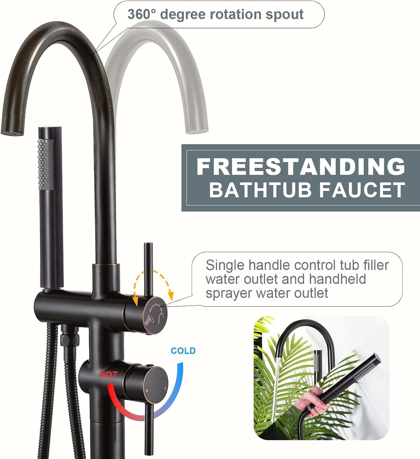 Freestanding Tub Filler Faucet, Floor Mount Oil Rubbed Bronze Bathtub Faucet with Single Handheld Shower, Brass Shower Tub Faucet Set Complete, Bathtub Faucet with Shower