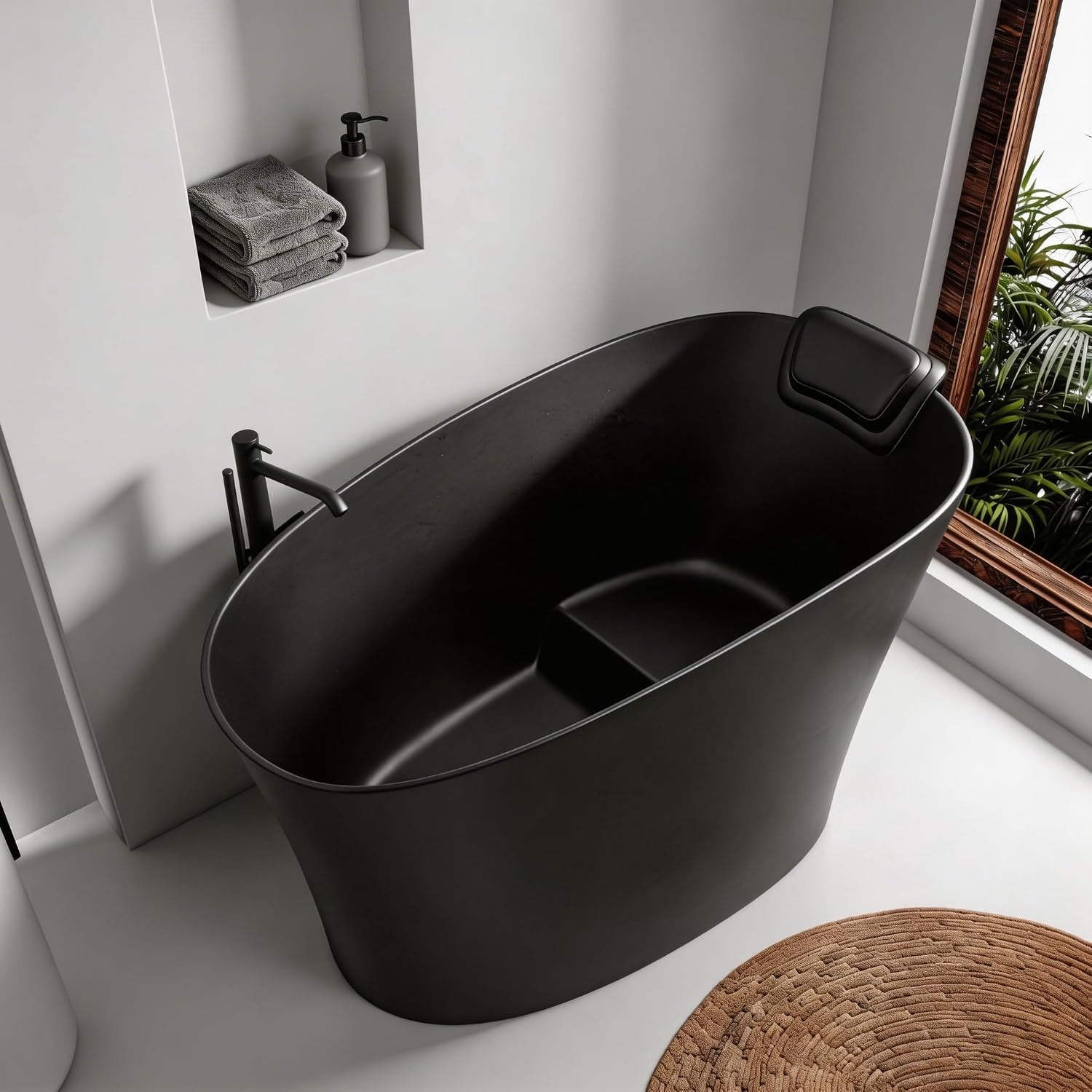 51'Freestanding Thermostatic Bathtub, Solid Surface Japanese Soaking Tub with Integrated Seat Cushion and Headrest, Includes Overflow and Drain Assembly, Oval Black(Black-51')