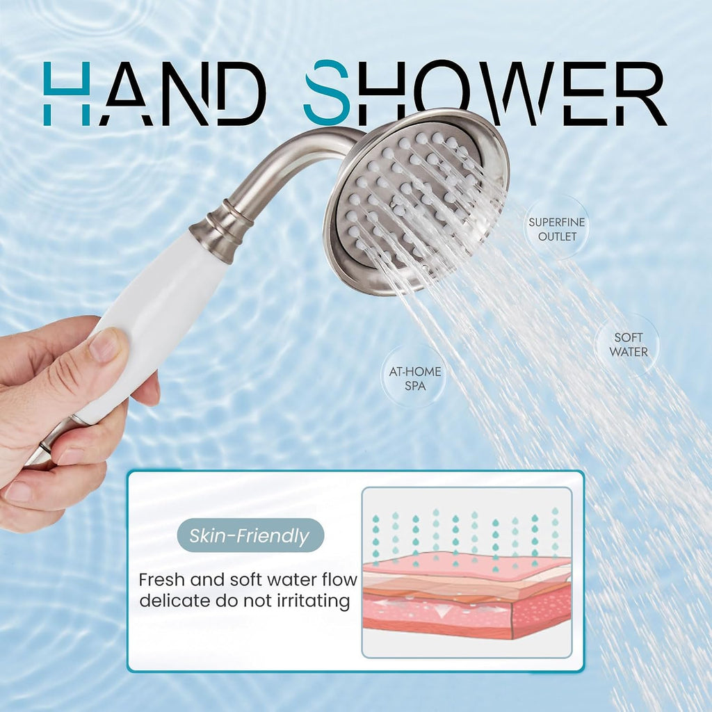 gotonovo Freestanding Bathtub Faucet Floor Mount Tub Filler with Double Cross Knobs 360° Rotation Spout High Flow Floor Standing Bathtub Shower Trumpet Shape Handheld Spray Brushed Nickel