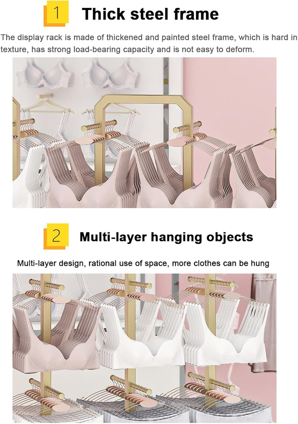 Lingerie Garment Rack Freestanding Underwear Display Stands, Commercial Shelves for Socks Bra Panties Scarves Storage - Metal Lingerie Rack for Clothing Store,Boutiq,Gold-135x35x35cm
