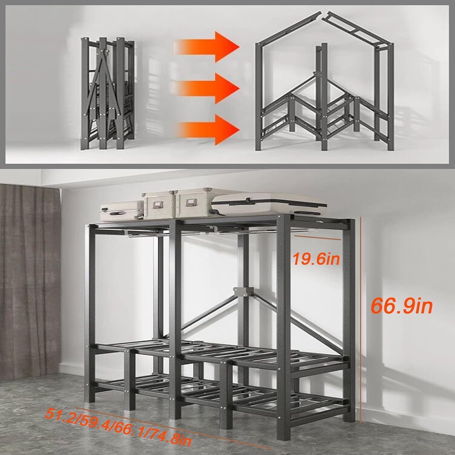 Heavy Duty Extra Large Portable Wardrobe Closets Freestanding Clothing Rack Organizers and Storage with Cotton Cover Metal Foldable Garment Rack for Hanging Clothes Shelves for Bedroom (66.1in)