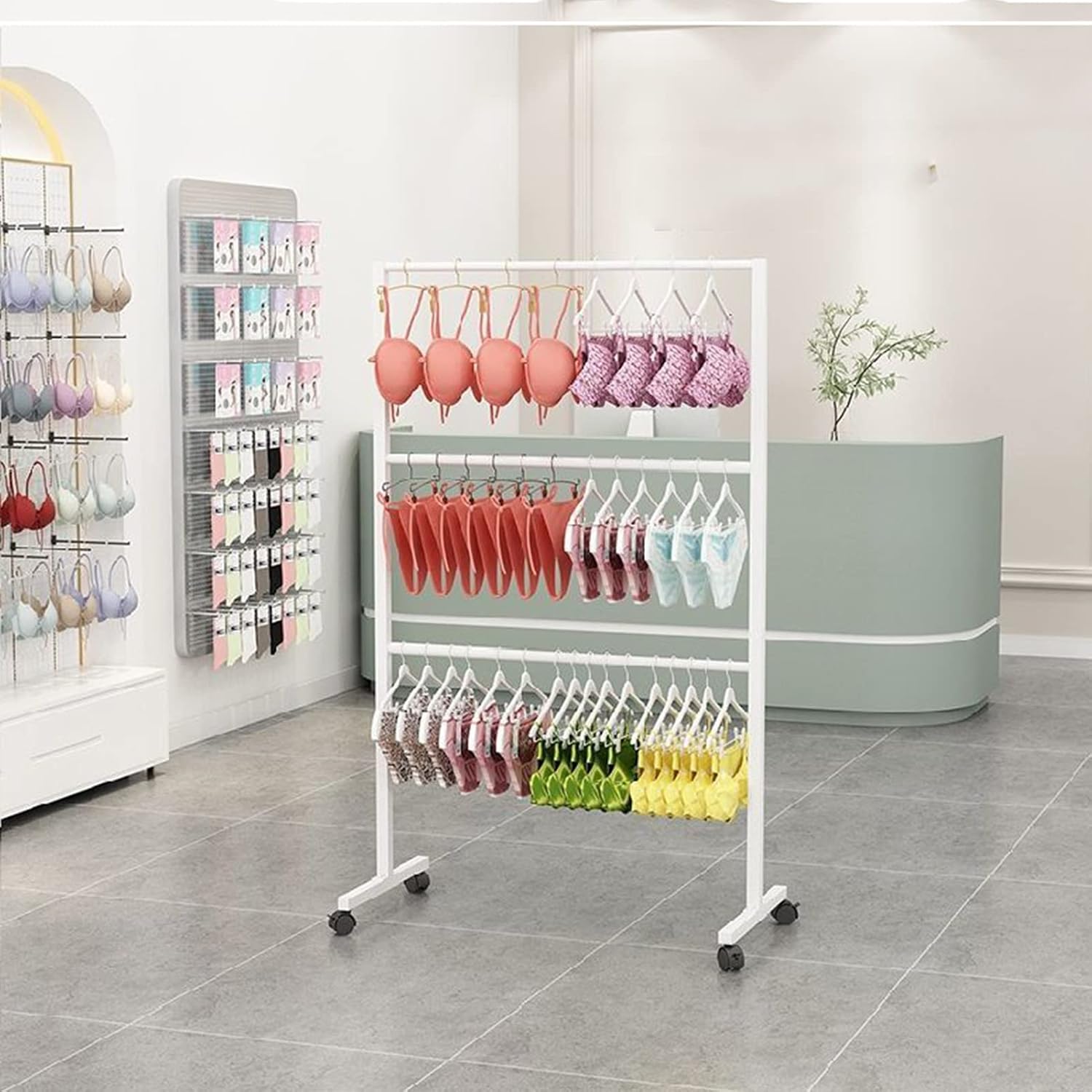 Freestanding Underwear Display Rack with Wheels for Clothing Store Commercial Garment Stand for Bikini Swimwear Lingerie and Shorts，B L60xH135CM/23.6x53in