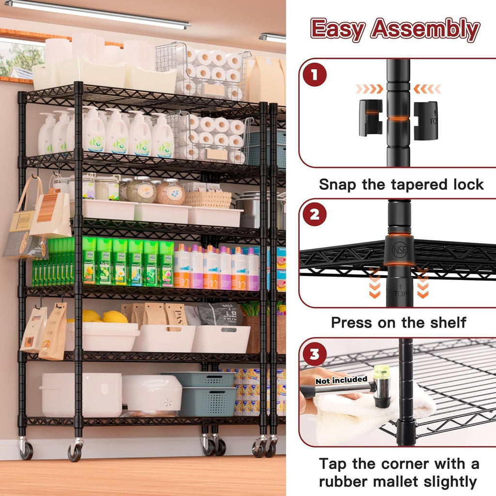 PrimeZone 6 Tier Wire Shelving with Wheels 79''H 1500lbs Storage Shelves NSF Certified Heavy Duty Steel Metal Shelf Adjustable Rolling Rack Kitchen Garage Closet Pantry Laundry 79''HX36''WX16''D 2Pcs