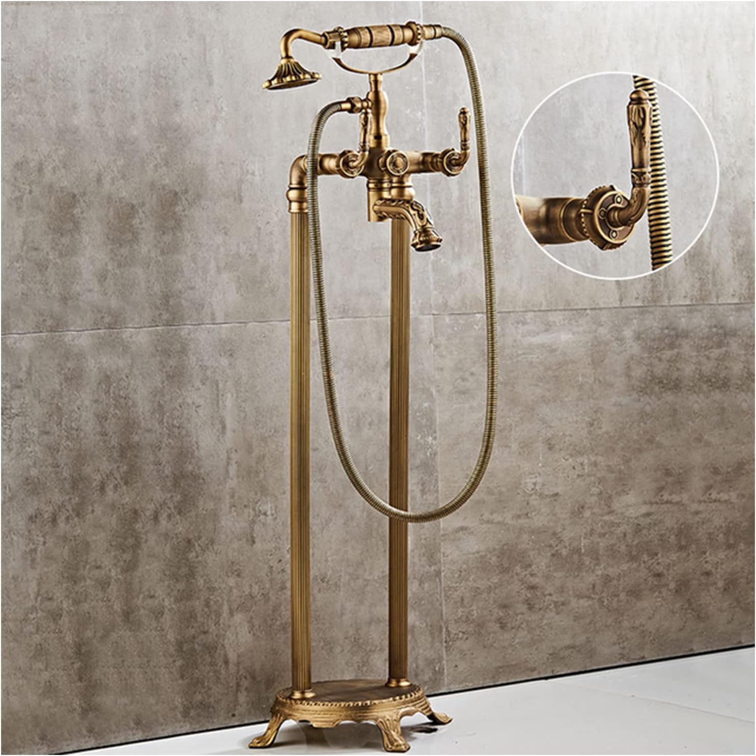 Floor Standing Bath Faucet, Brass Antique Freestanding Bath Filler with Single Handle Handheld Shower Faucet and High Flow Rotary Spout Mixer Faucet(Brass B)