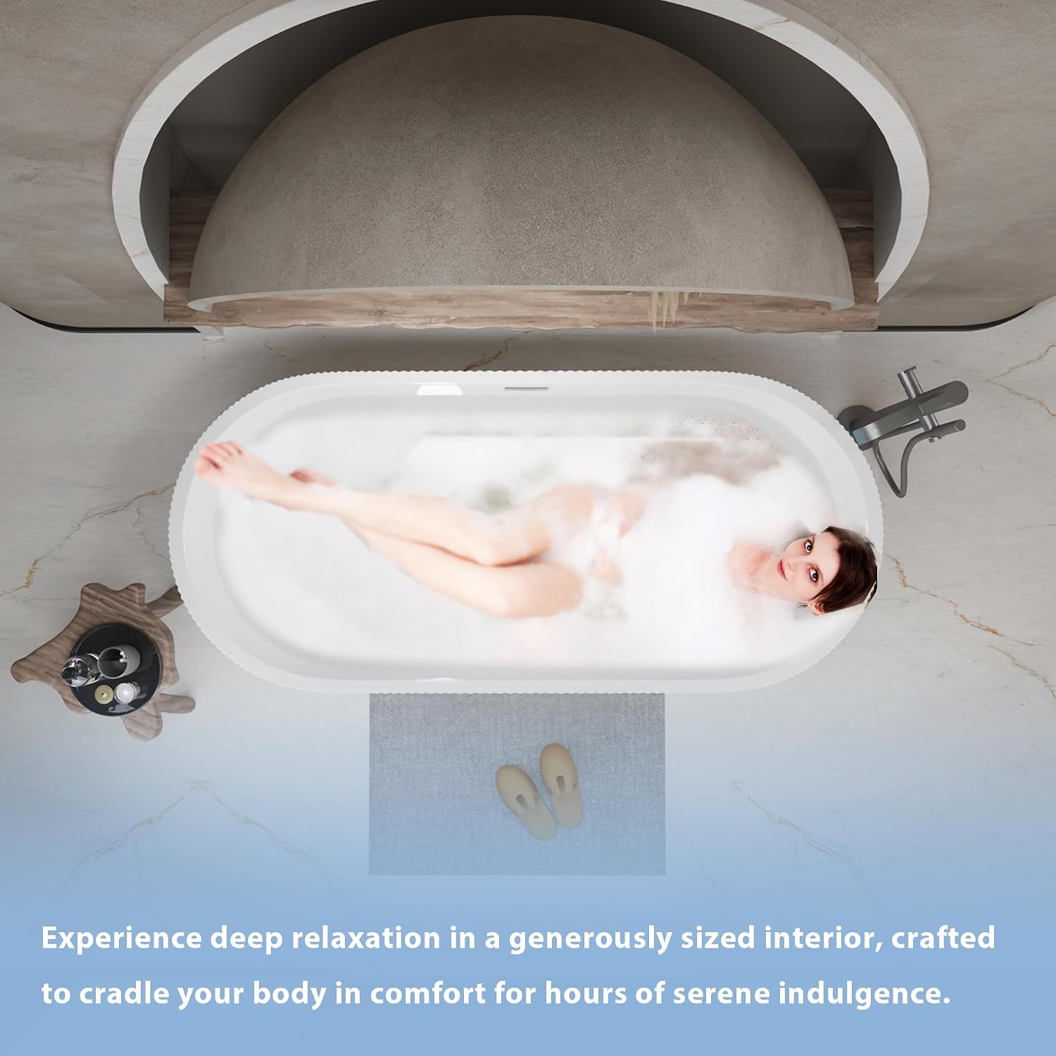 KEIKI 59' Freestanding Acrylic Soaking Bathtub, Modern Minimalist Bathroom Oval Deep Soak Tub, cUPC Certified,Toe-tap Chrome Drain,Glossy White