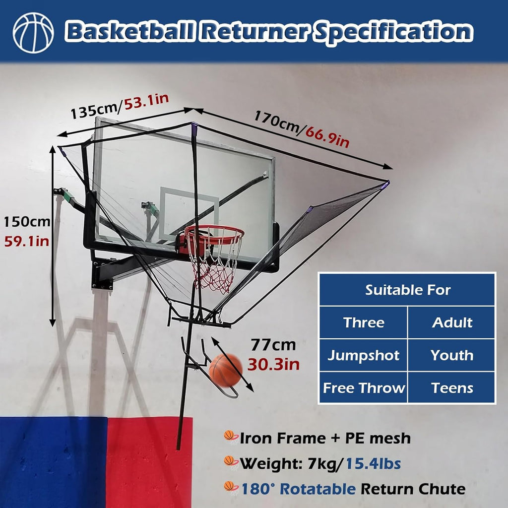 Basketball Hoop Outdoor Net Catcher Return System, 180° Rotatable Basketball Rebounder for Court Inside Training Camp, Shooting Practice Attachment Easy to Set Up