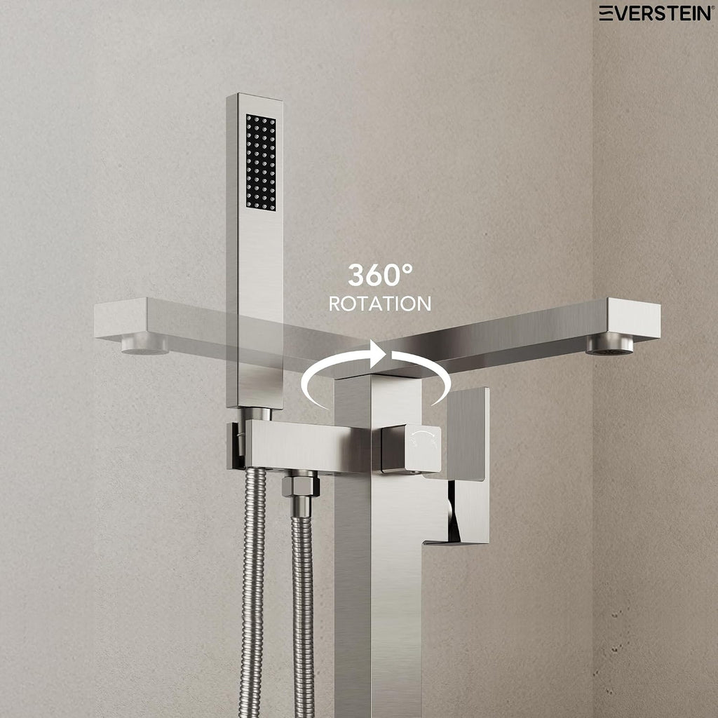 Freestanding Bathtub Faucet with Hand Held Shower, Floor Mount Tub Filler, Brass Bath Tub Faucet, Valve Included，Brushed Nickel
