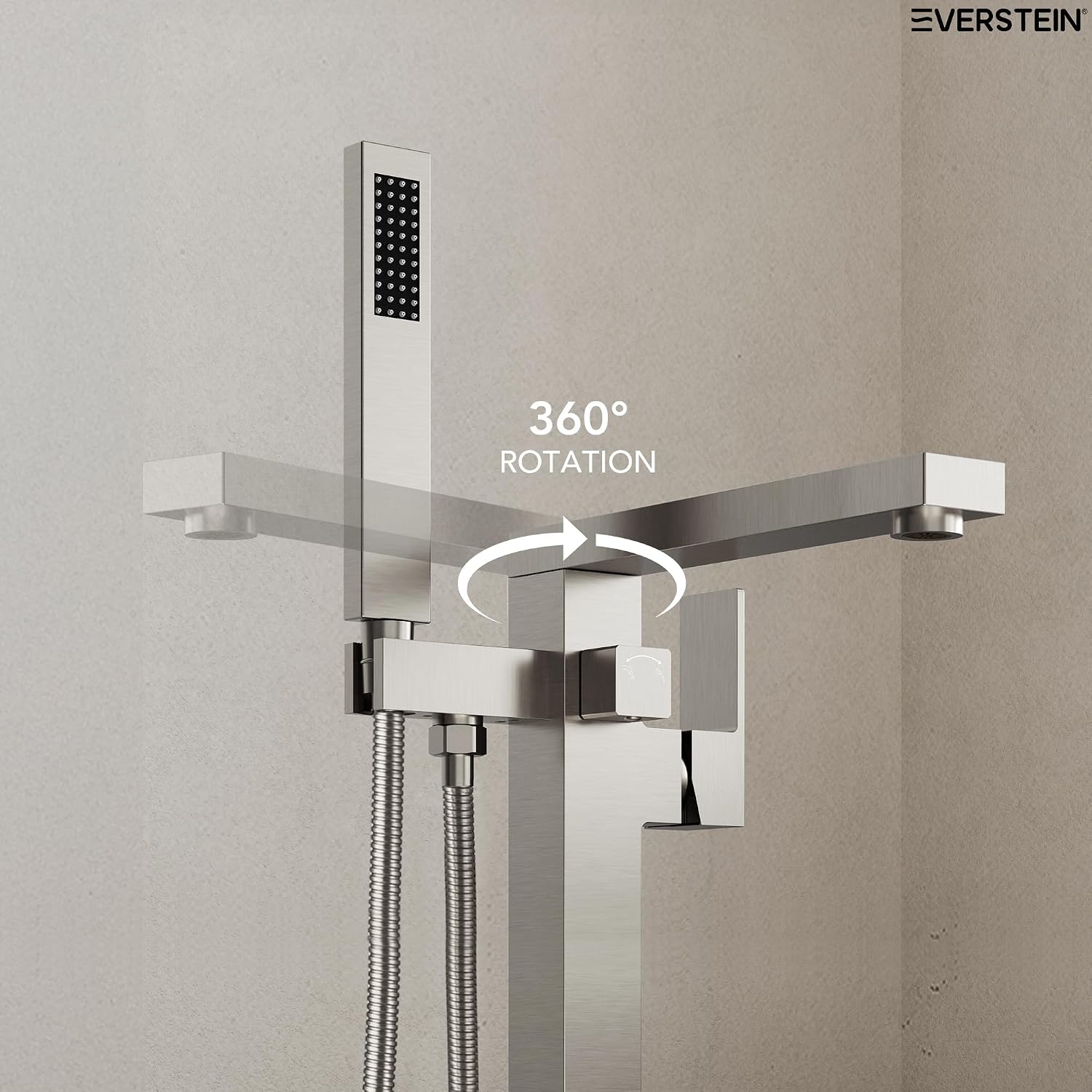 Freestanding Bathtub Faucet with Hand Held Shower, Floor Mount Tub Filler, Brass Bath Tub Faucet, Valve Included，Brushed Nickel