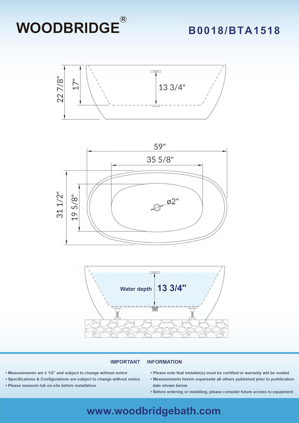 WOODBRIDGE 59' Acrylic Freestanding Bathtub Contemporary Soaking White Tub with Chrome Overflow and Drain,B0018-C