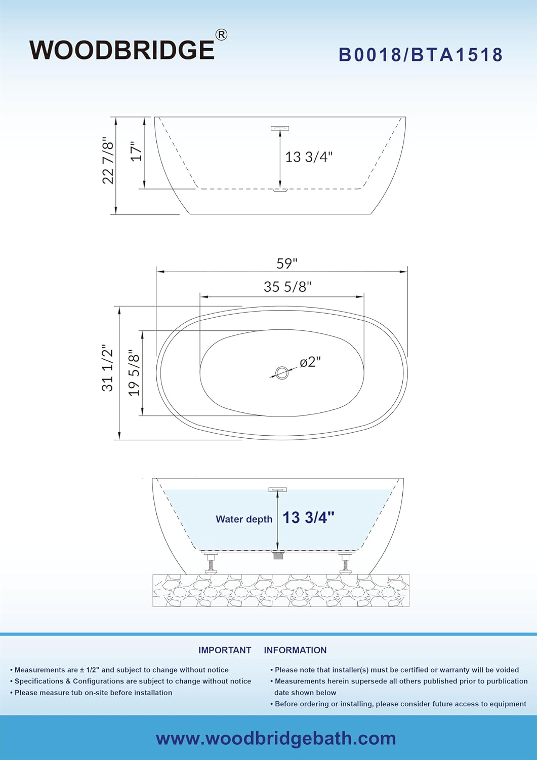 WOODBRIDGE 59' Acrylic Freestanding Bathtub Contemporary Soaking White Tub with Chrome Overflow and Drain,B0018-C