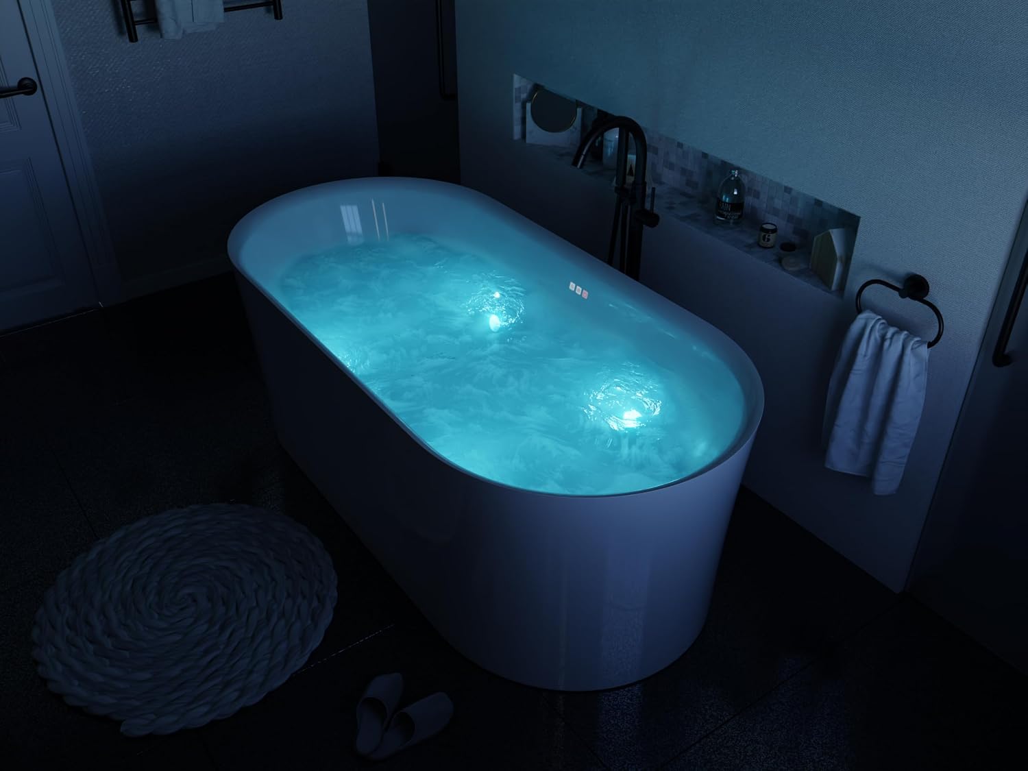 ANZZI Whirlpool Freestanding Bathtub 67 Inch Jericho Series Air Jetted Acrylic Glossy White, 200+ Bubble Jets, 4 Chroma-Therapeutic Lights, Center Drain, 80 gal, Overflow, Pop-Up Drain | FT-AZ067