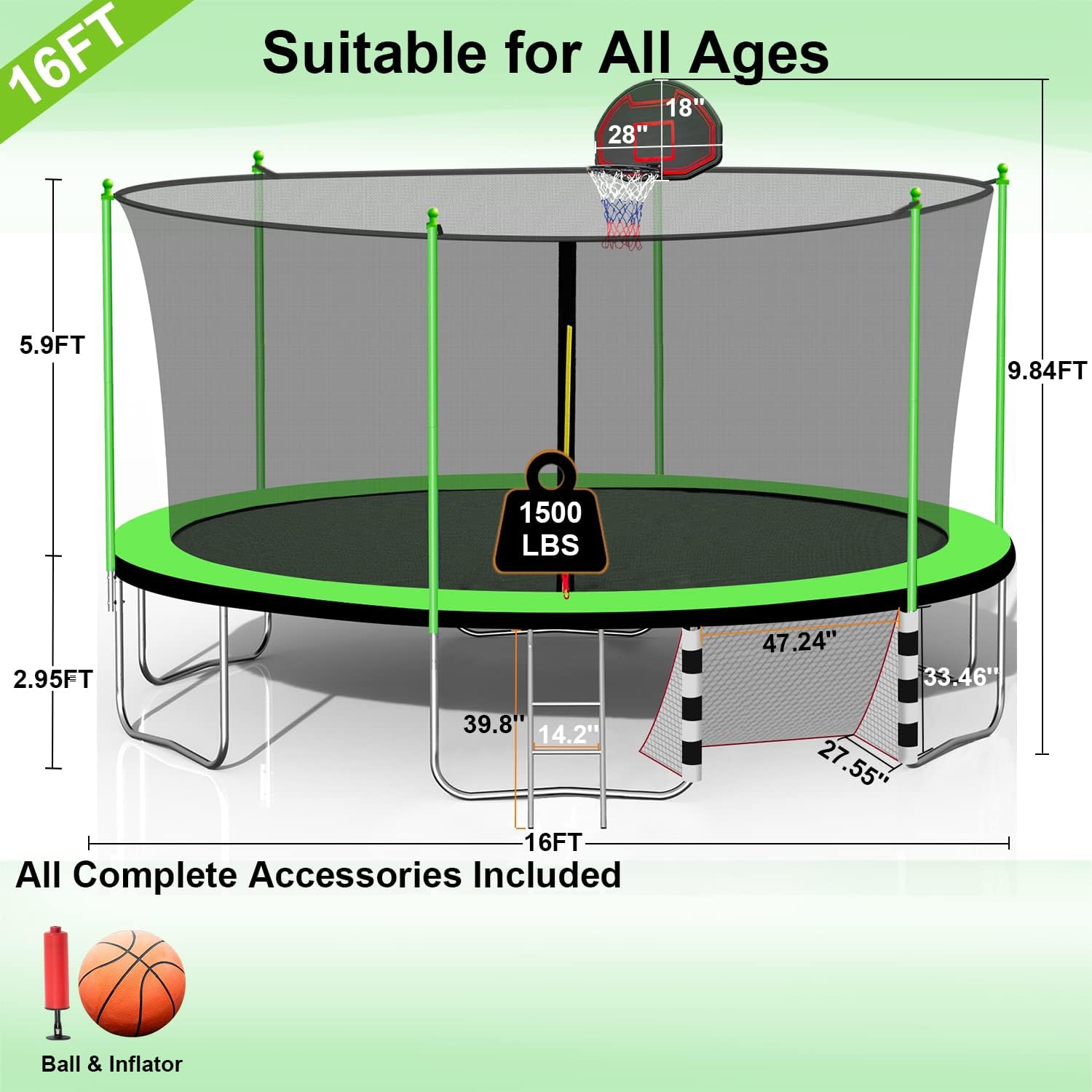 1500LBS 16FT 15FT 14FT 12 FT 10FT 8FT Tranpoline for Kids and Adults with Sprinkler, Lights with Music Speaker, Socks, Water Ball, Heavy Duty Outdoor Tranpoline with Net Enclosure and Ladder