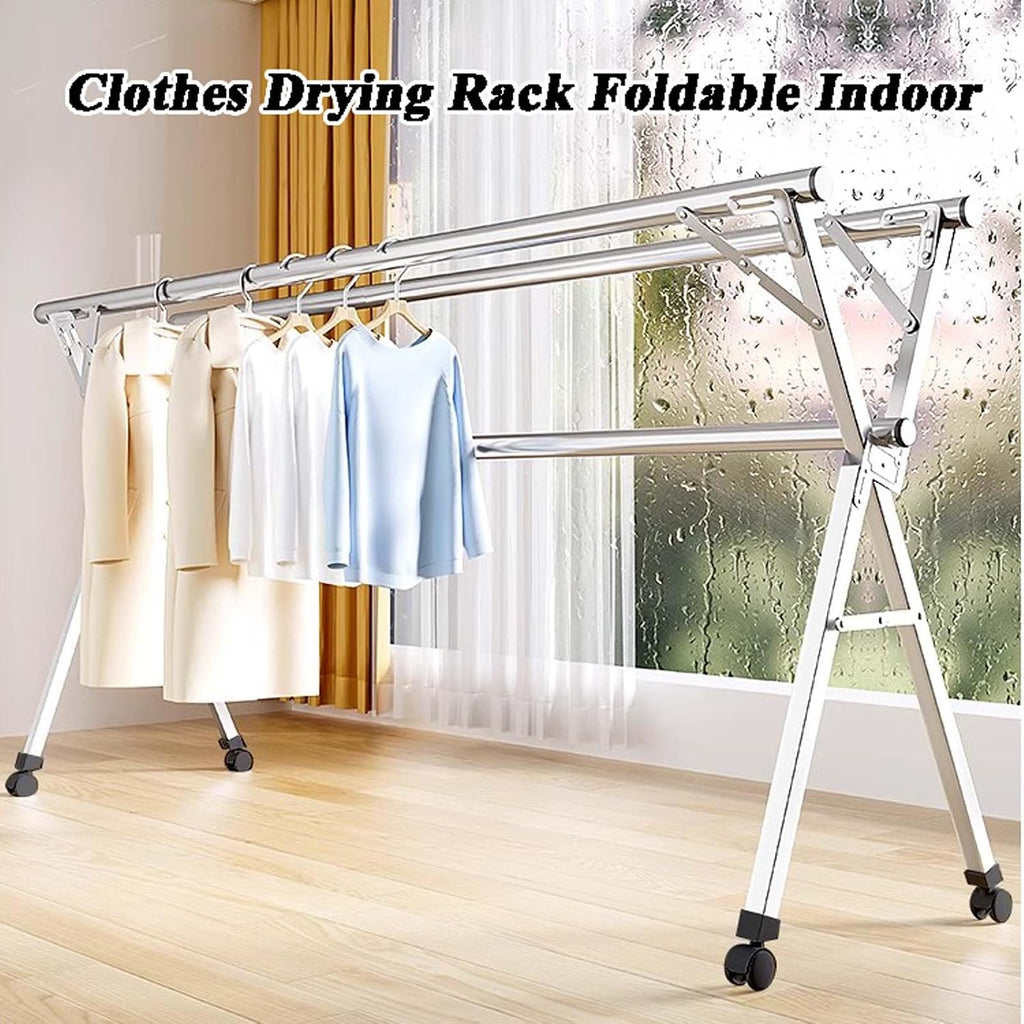Clothes Drying Rack for Laundry, Stainless Steel Garment Rack, Foldable & Collapsible Laundry Drying Rack, Length Adjustable Space Saving Garment Rack, for Indoor Outdoor