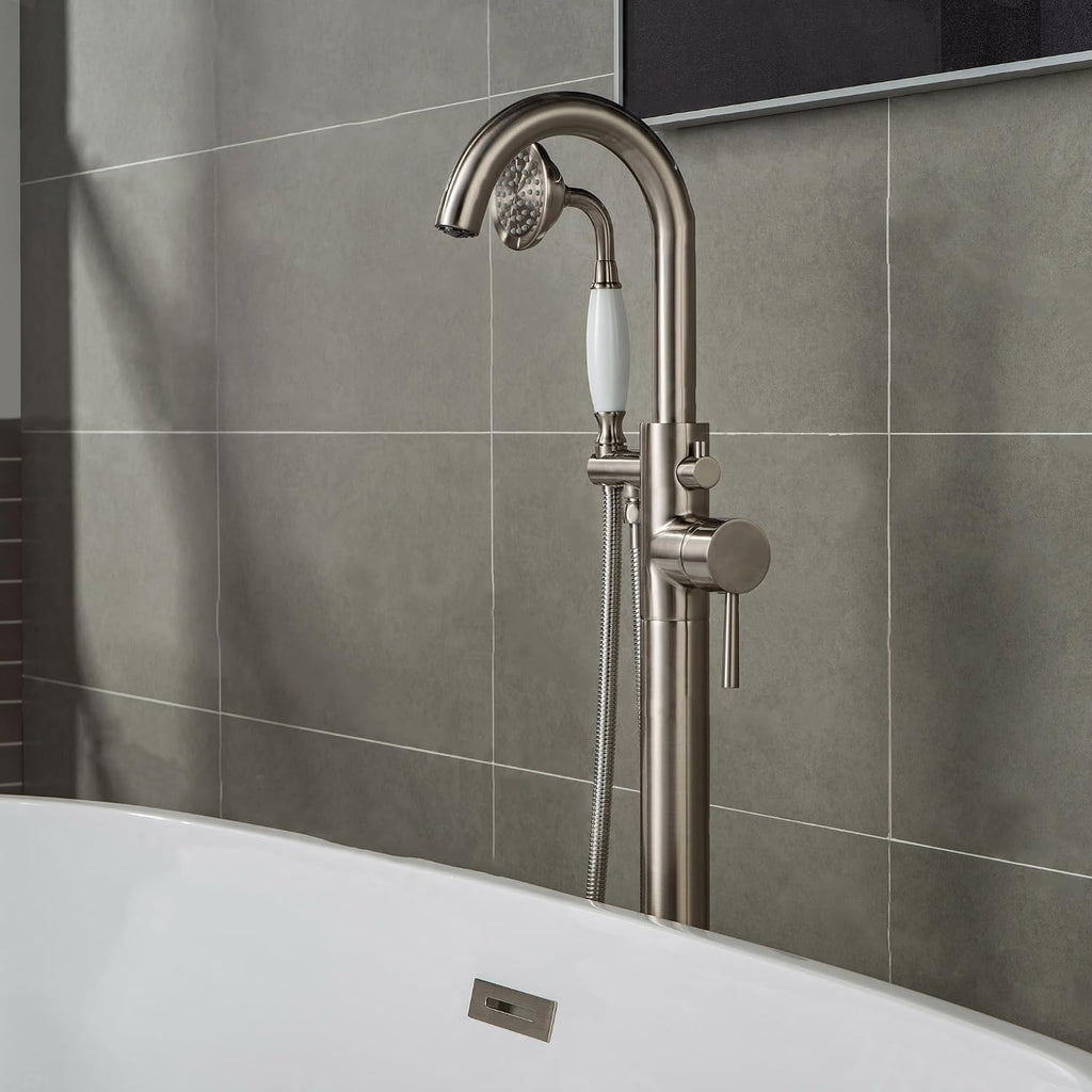 WOODBRIDGE F0001BNVT Fusion Single Handle Floor Mount Freestanding Tub Filler Faucet with Telephone Hand shower in Brushed Nickel Finish